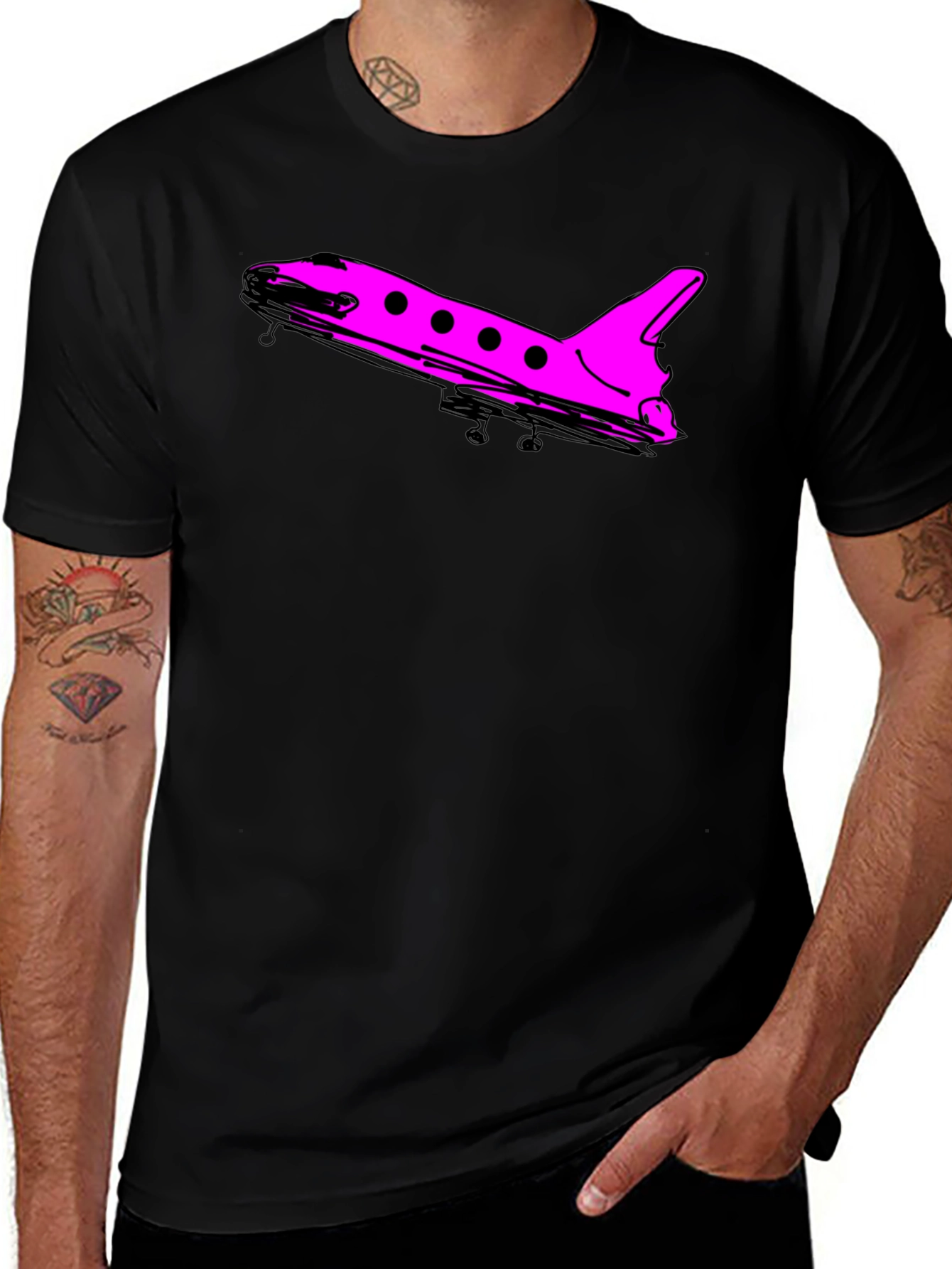 Black T-Shirt with Pink Airplane Graphic