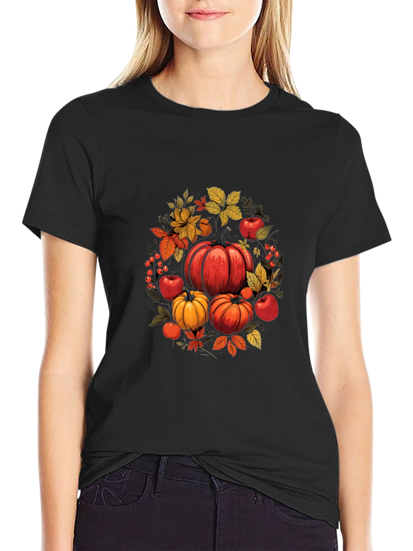 Autumn Harvest T-Shirt: Pumpkins Apples and Leaves