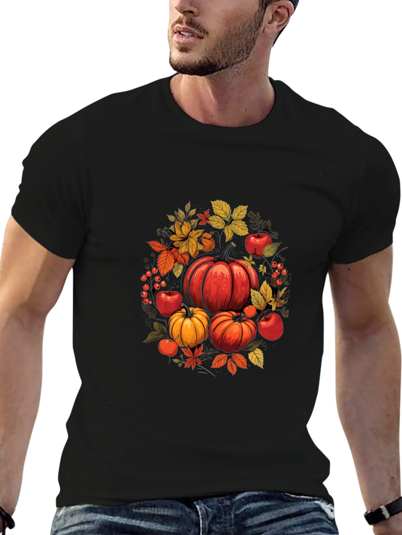 Autumn Harvest T-Shirt: Pumpkins Apples and Leaves