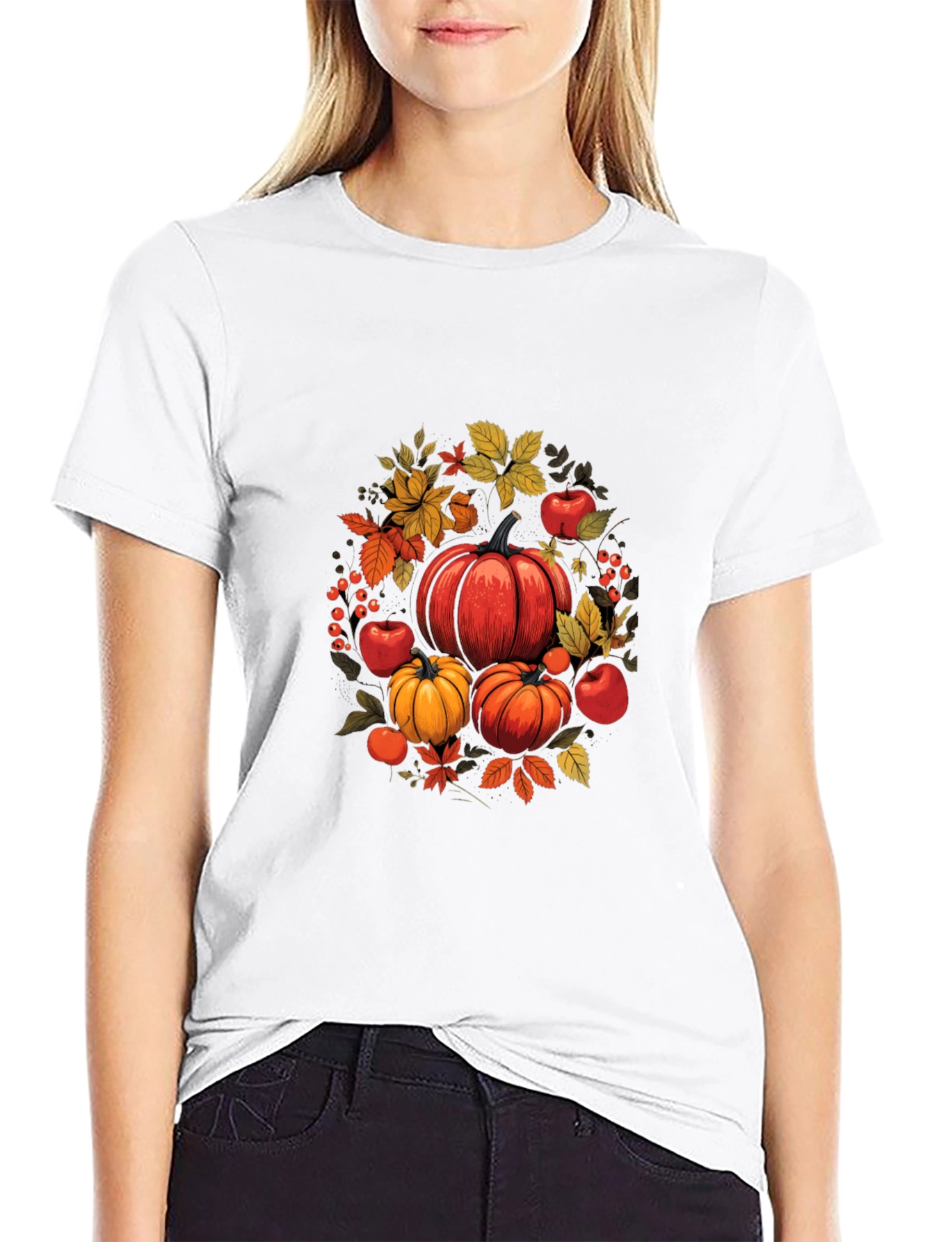 Autumn Harvest T-Shirt: Pumpkins Apples and Leaves