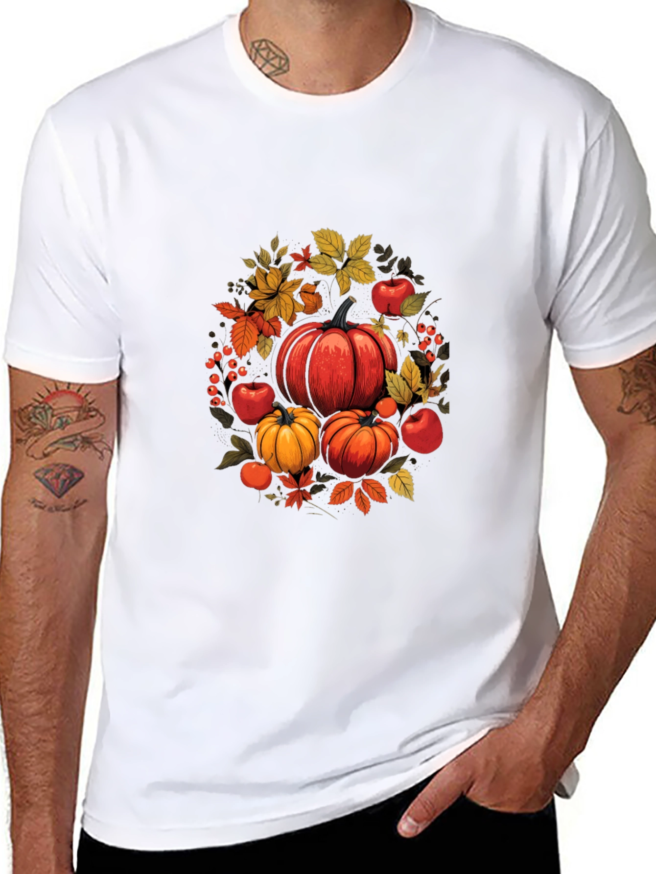 Autumn Harvest T-Shirt: Pumpkins Apples and Leaves
