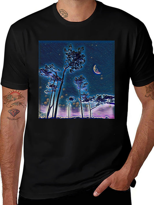 Night Sky Crescent Moon Trees Graphic Tee