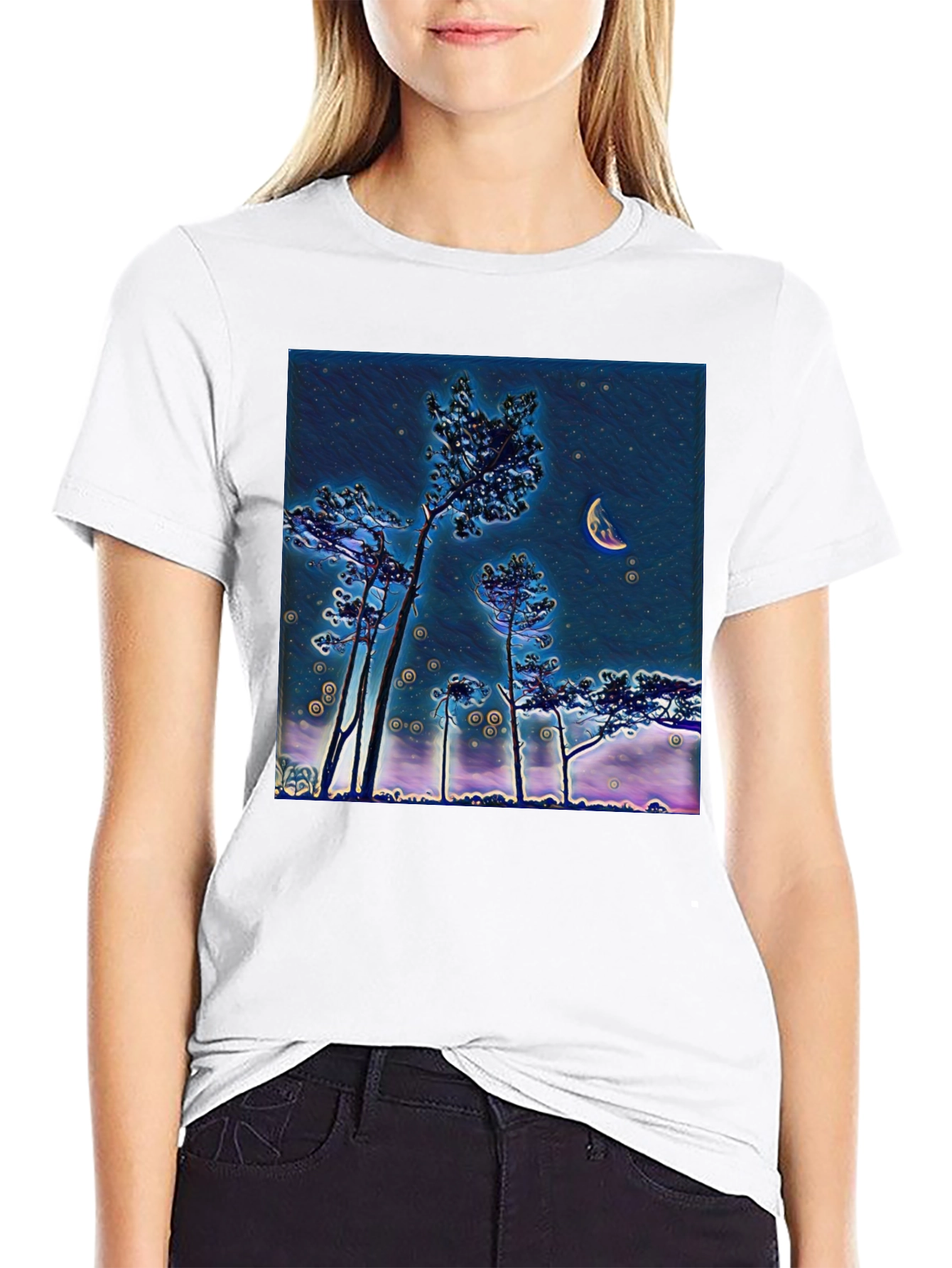 Night Sky Crescent Moon Trees Graphic Tee