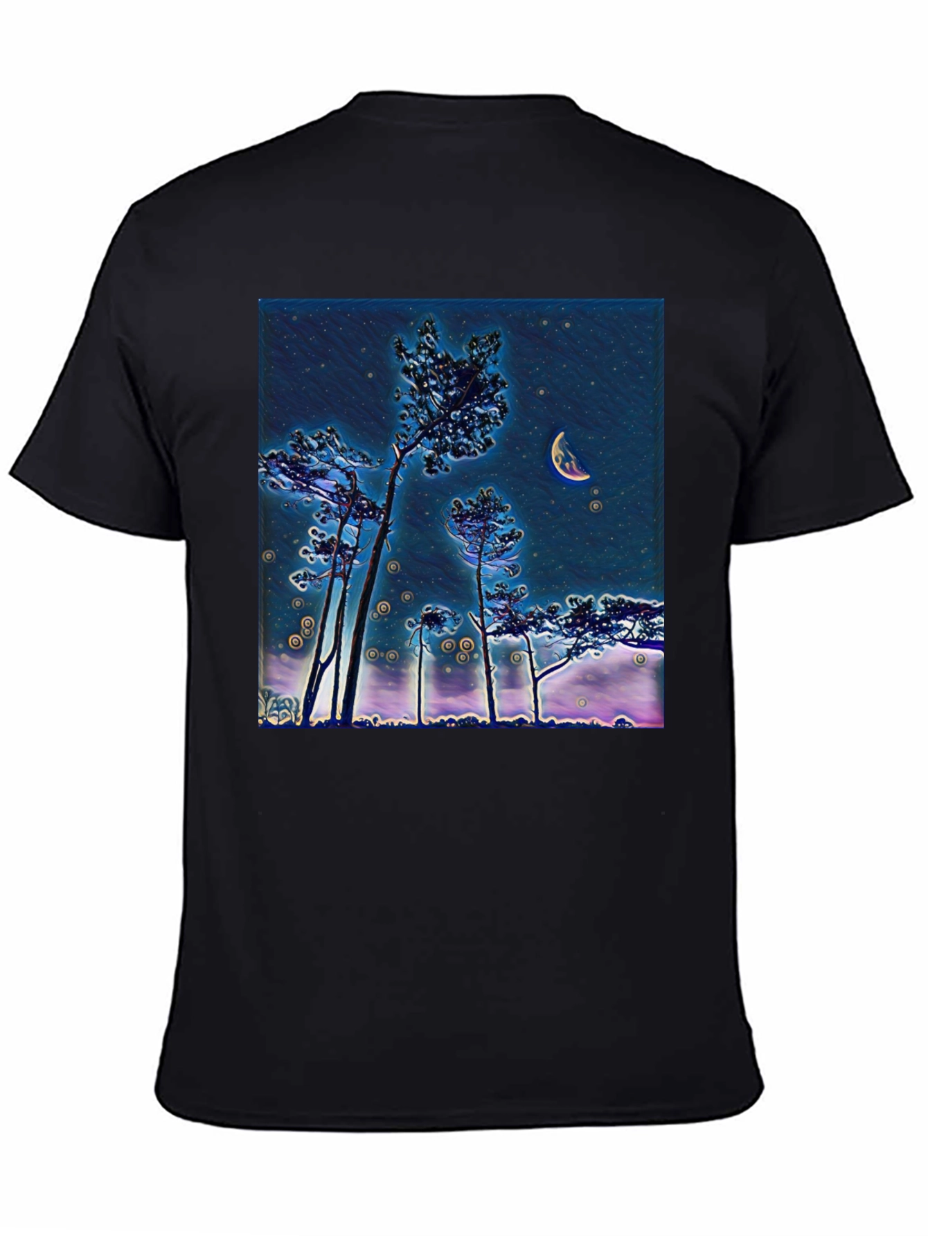 Night Sky Crescent Moon Trees Graphic Tee