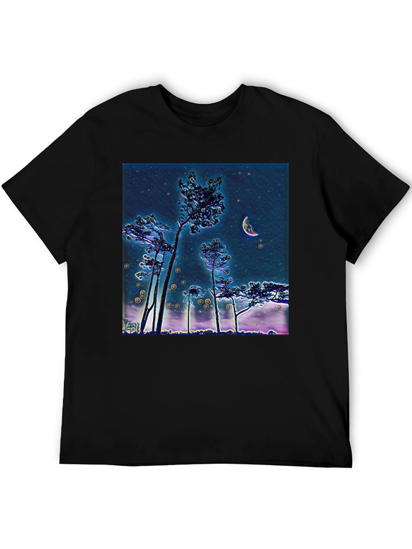 Night Sky Crescent Moon Trees Graphic Tee