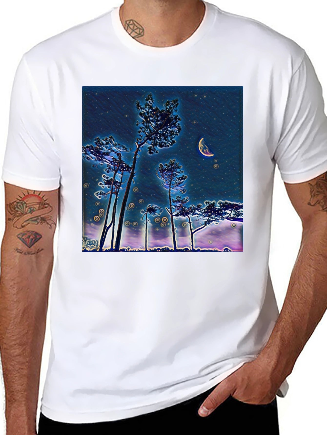 Night Sky Crescent Moon Trees Graphic Tee
