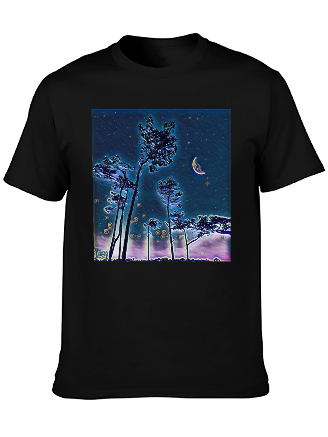 Night Sky Crescent Moon Trees Graphic Tee