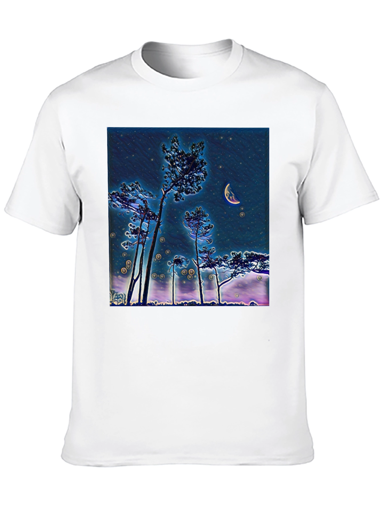 Night Sky Crescent Moon Trees Graphic Tee