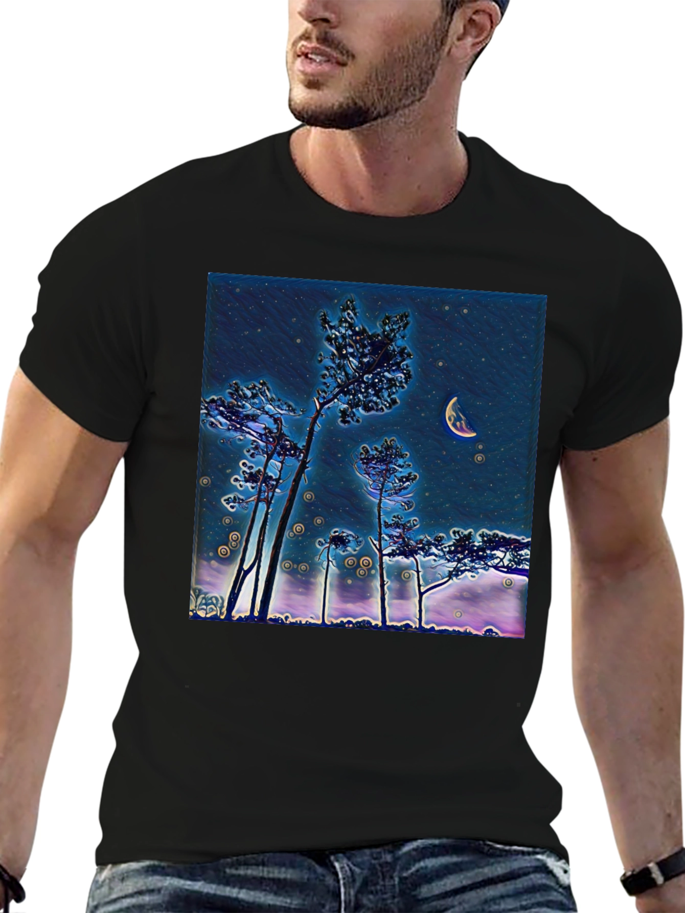 Night Sky Crescent Moon Trees Graphic Tee