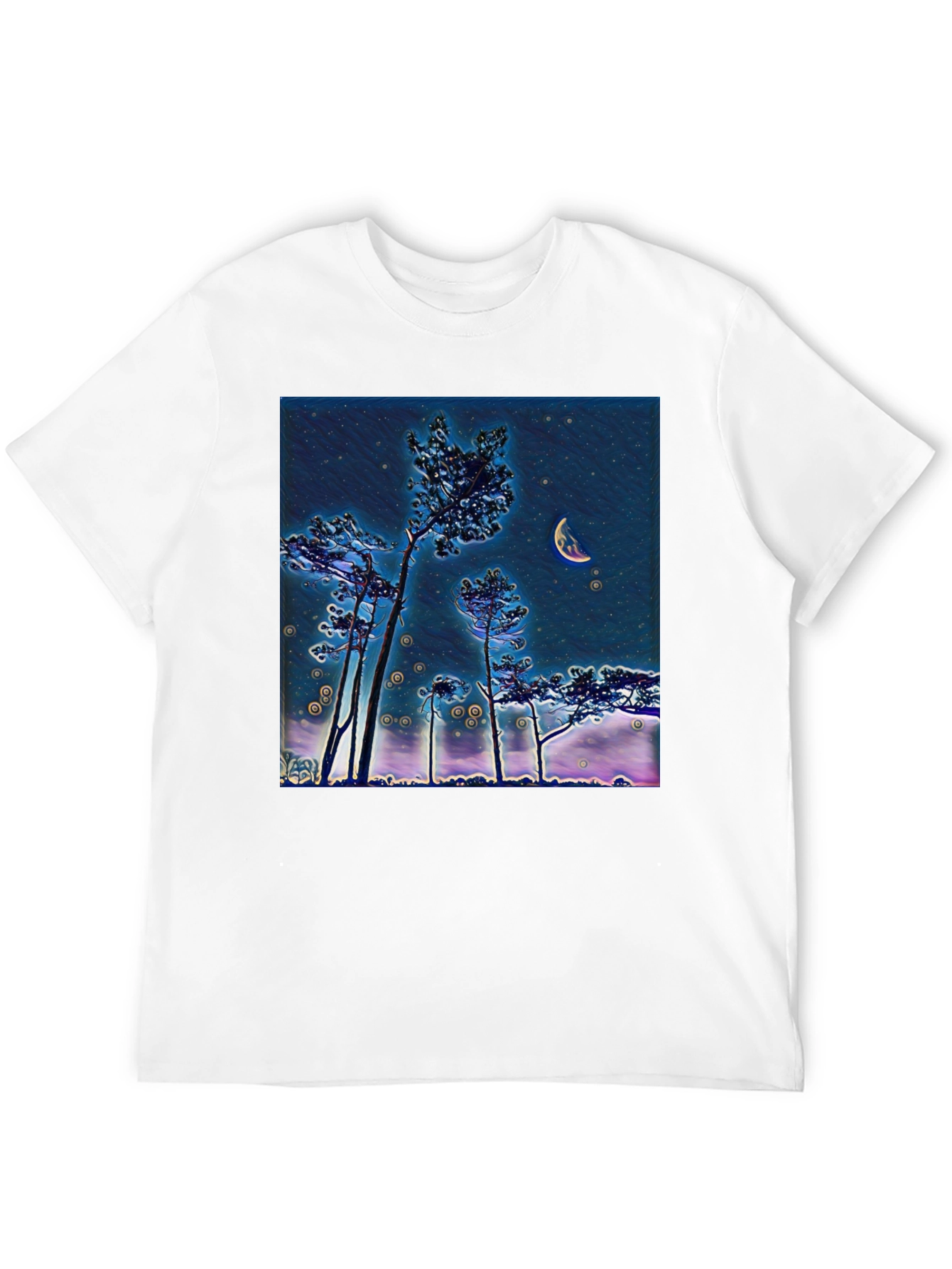 Night Sky Crescent Moon Trees Graphic Tee