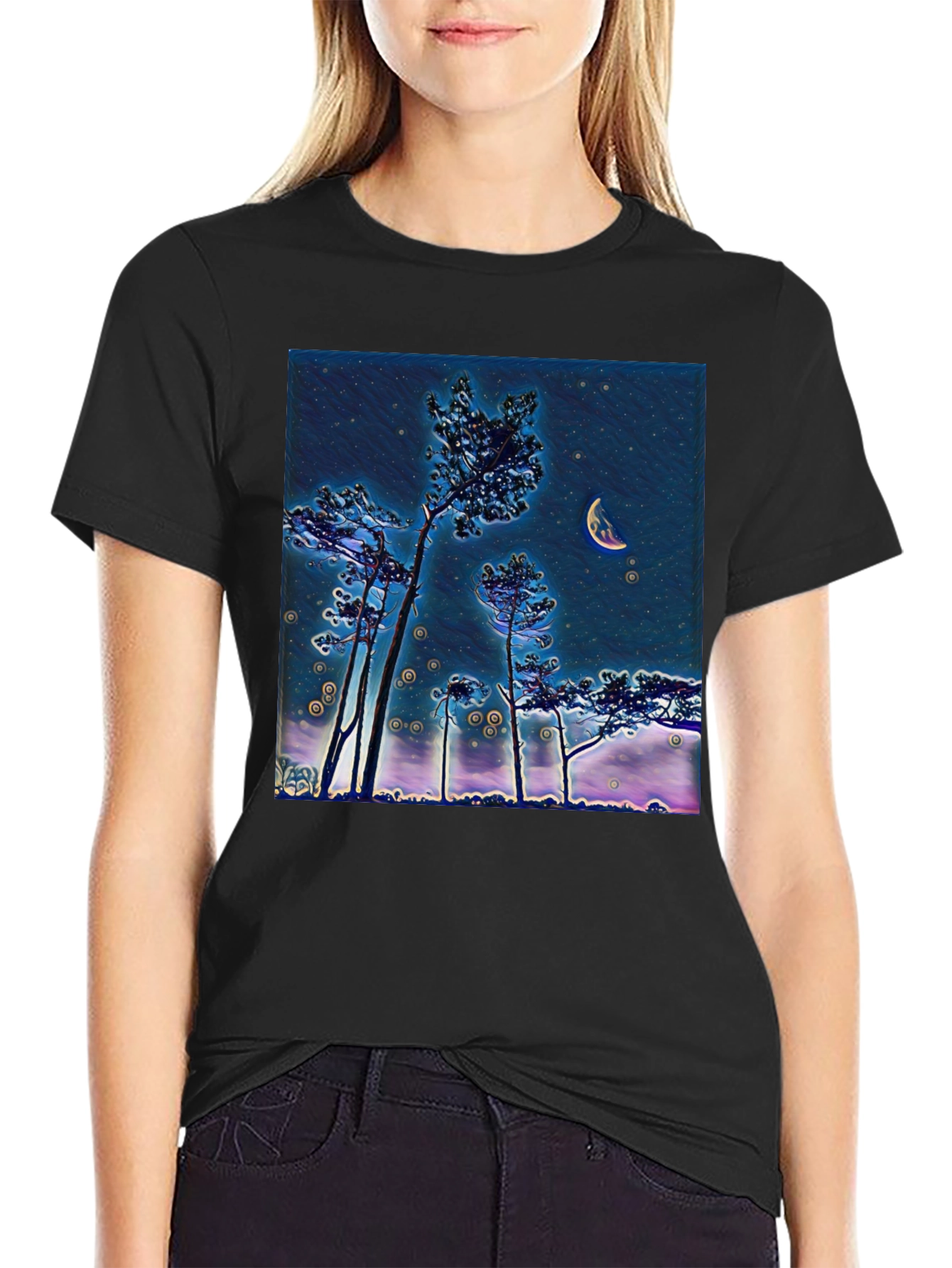 Night Sky Crescent Moon Trees Graphic Tee