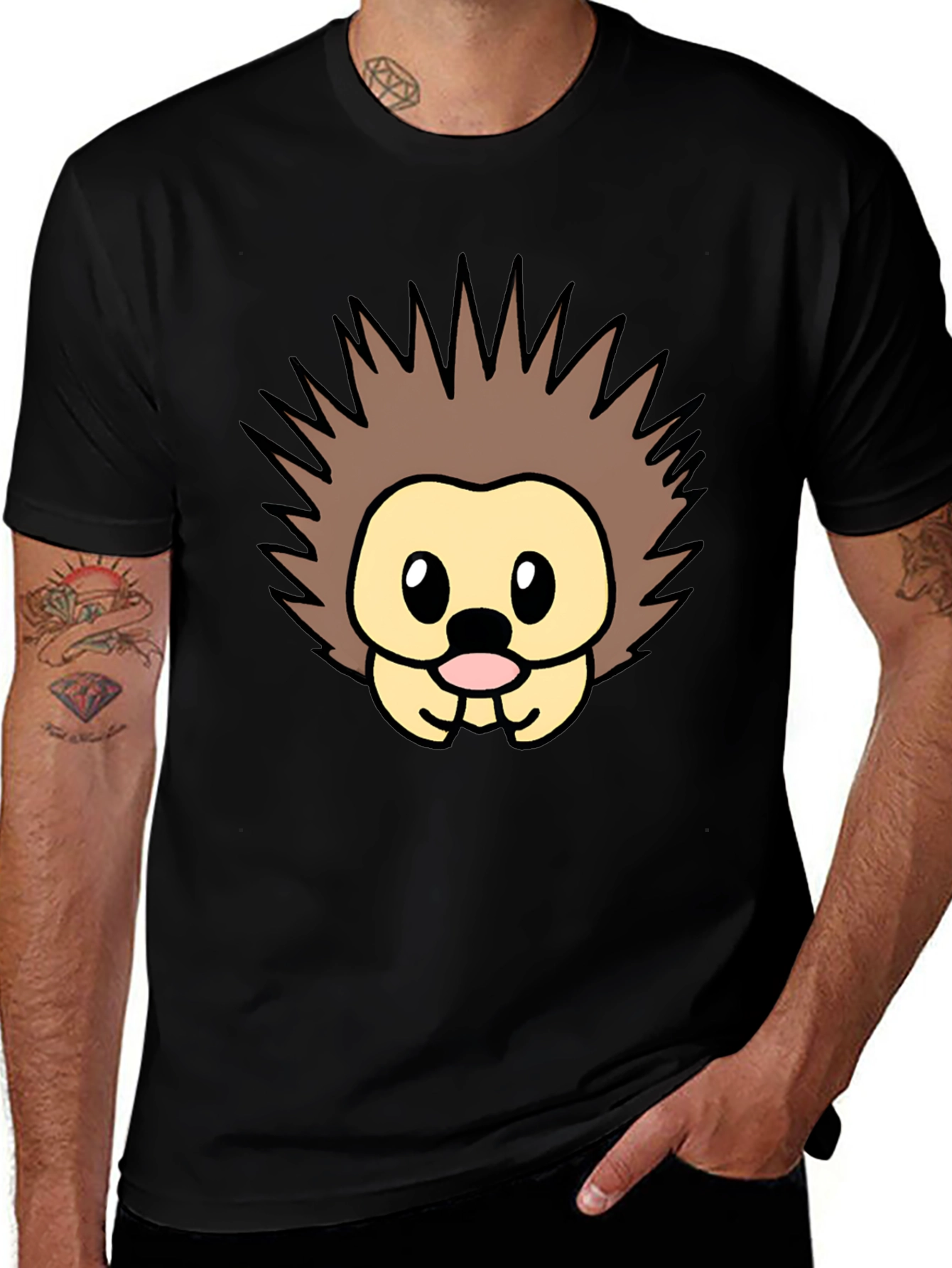 Cute Cartoon Hedgehog Graphic Tee - Black