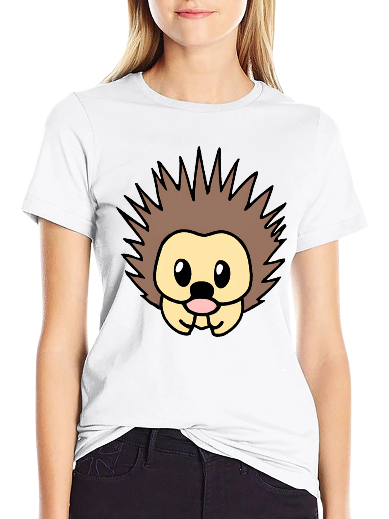 Cute Cartoon Hedgehog Graphic Tee - Black
