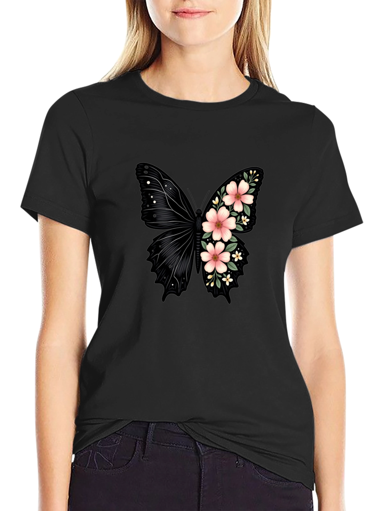 Floral Butterfly Graphic Tee - Trendy Black T-Shirt