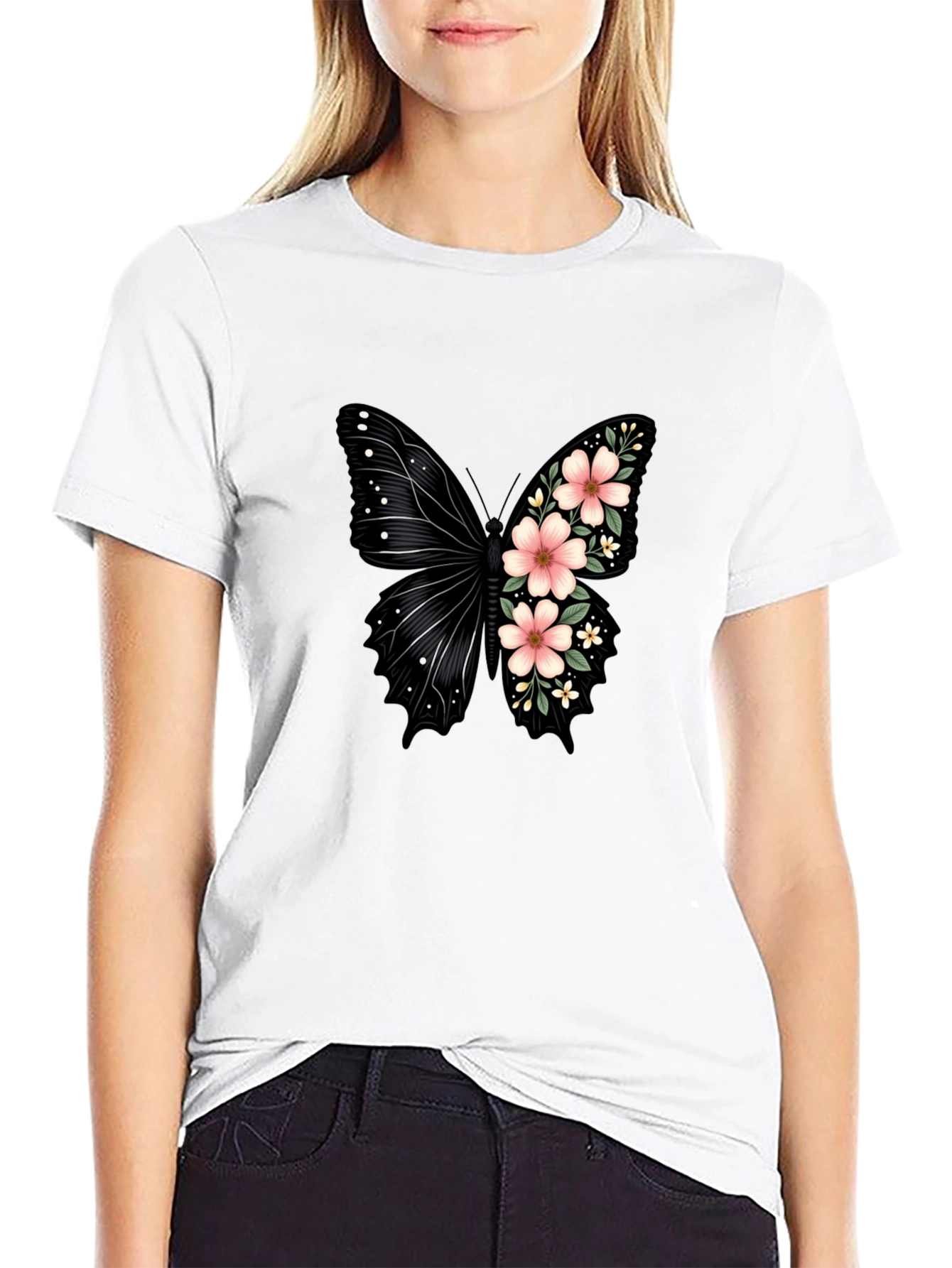 Floral Butterfly Graphic Tee - Trendy Black T-Shirt