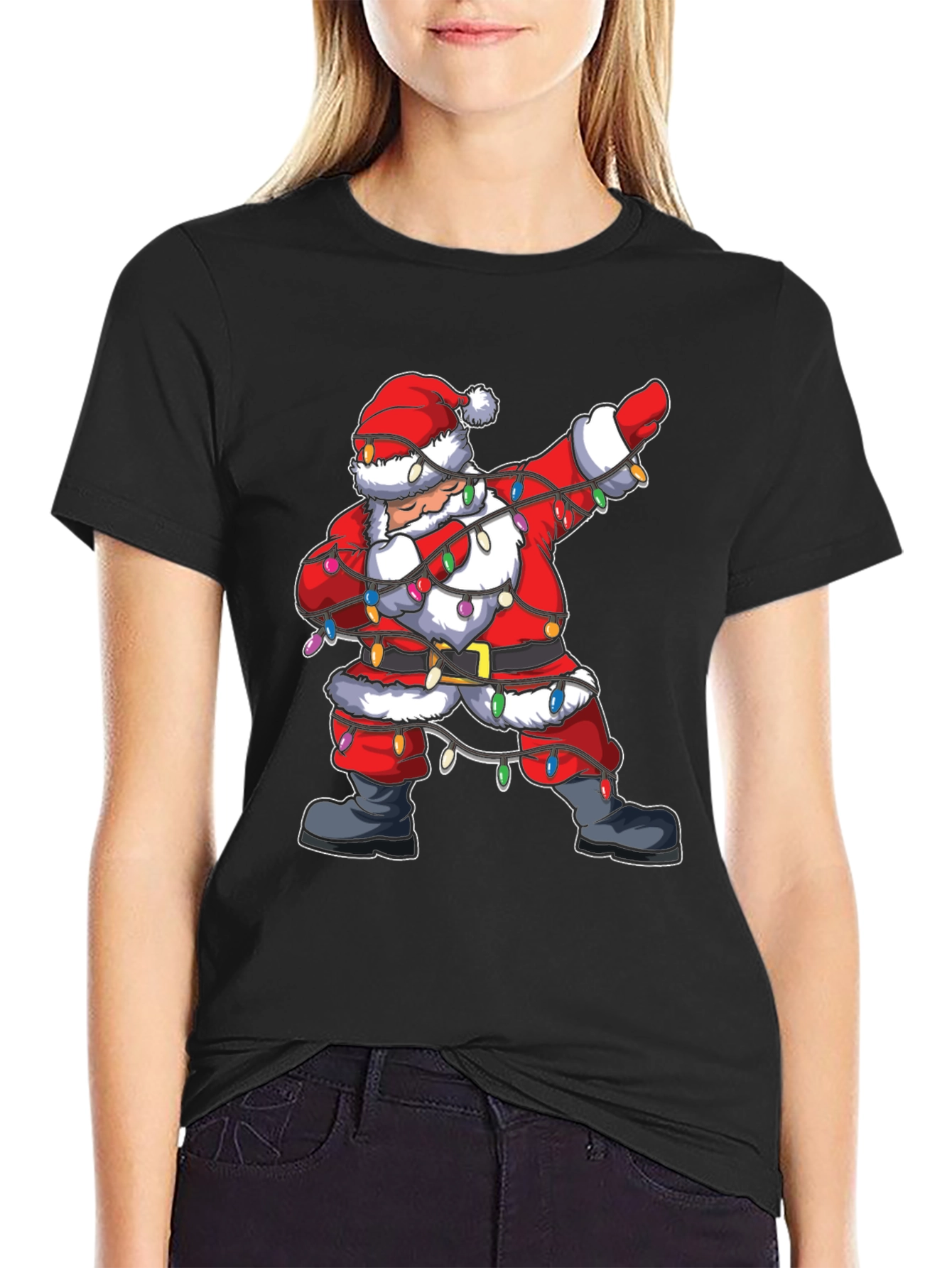 Dabbing Santa Christmas Lights Graphic Tee