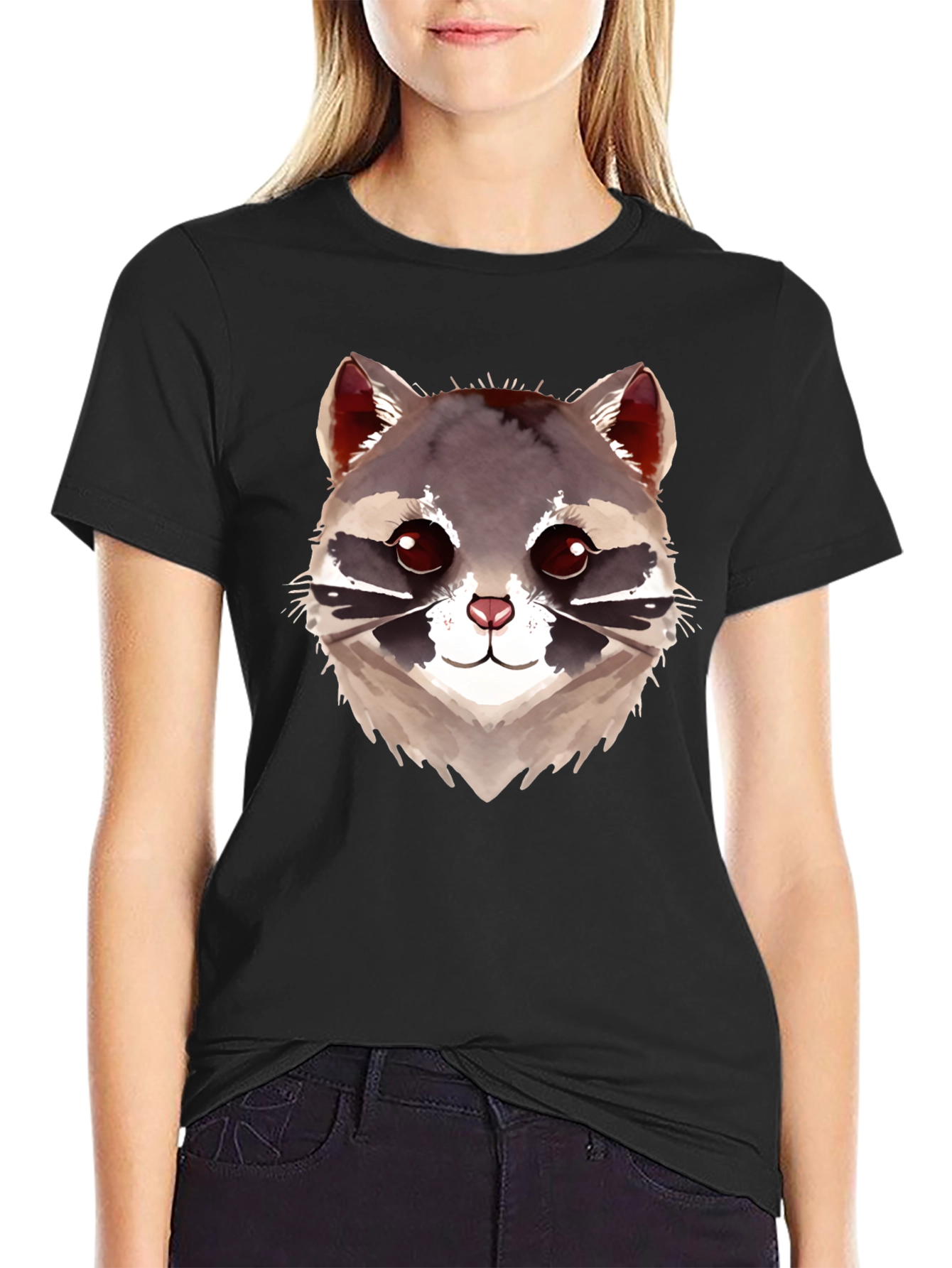 Cute Raccoon Graphic Black T-Shirt