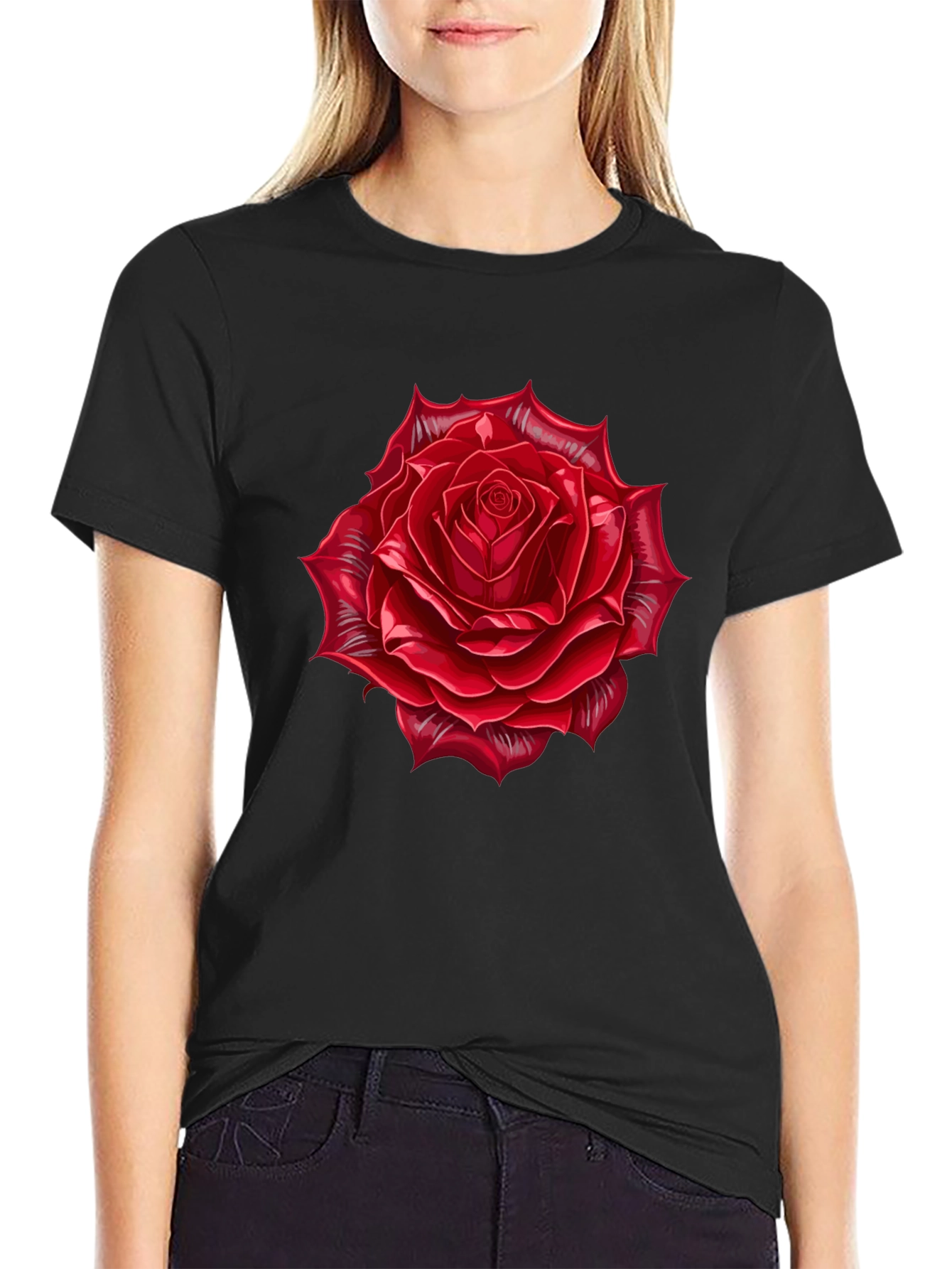 Red Rose Graphic Black T-Shirt