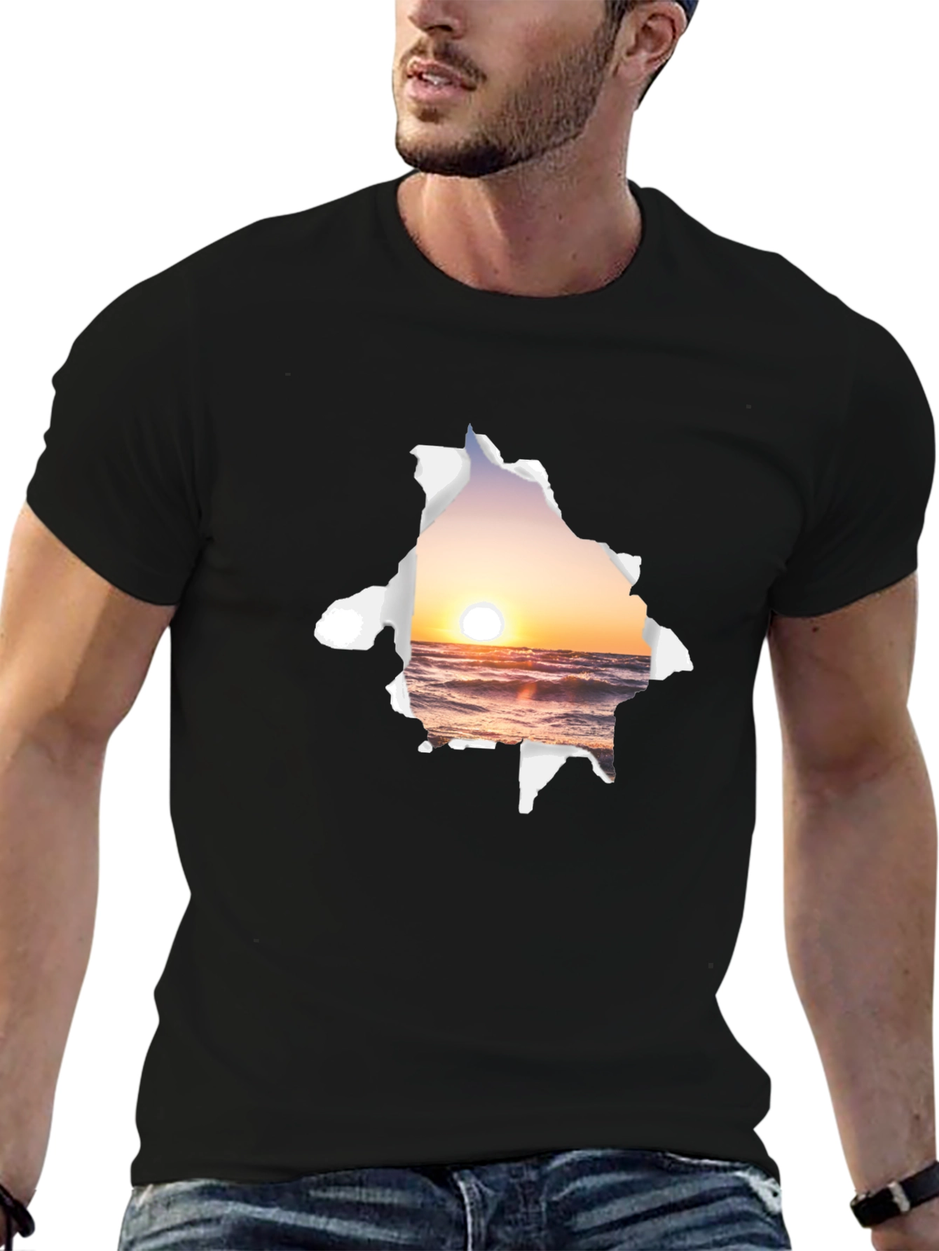 Sunset Beach Graphic Tee - Black Cotton T-Shirt