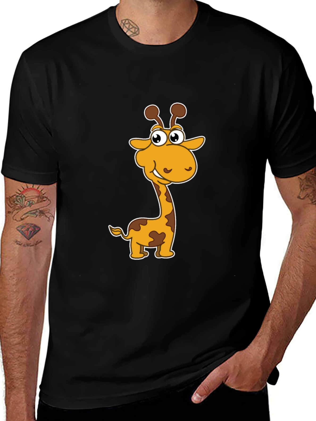 Cartoon Giraffe Graphic Black T-Shirt