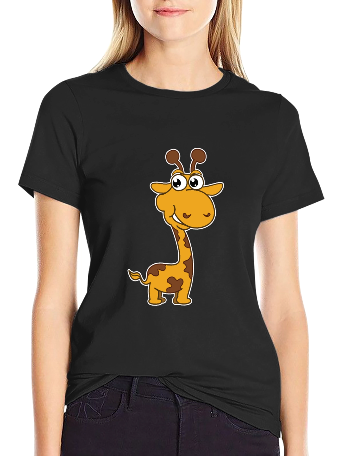 Cartoon Giraffe Graphic Black T-Shirt