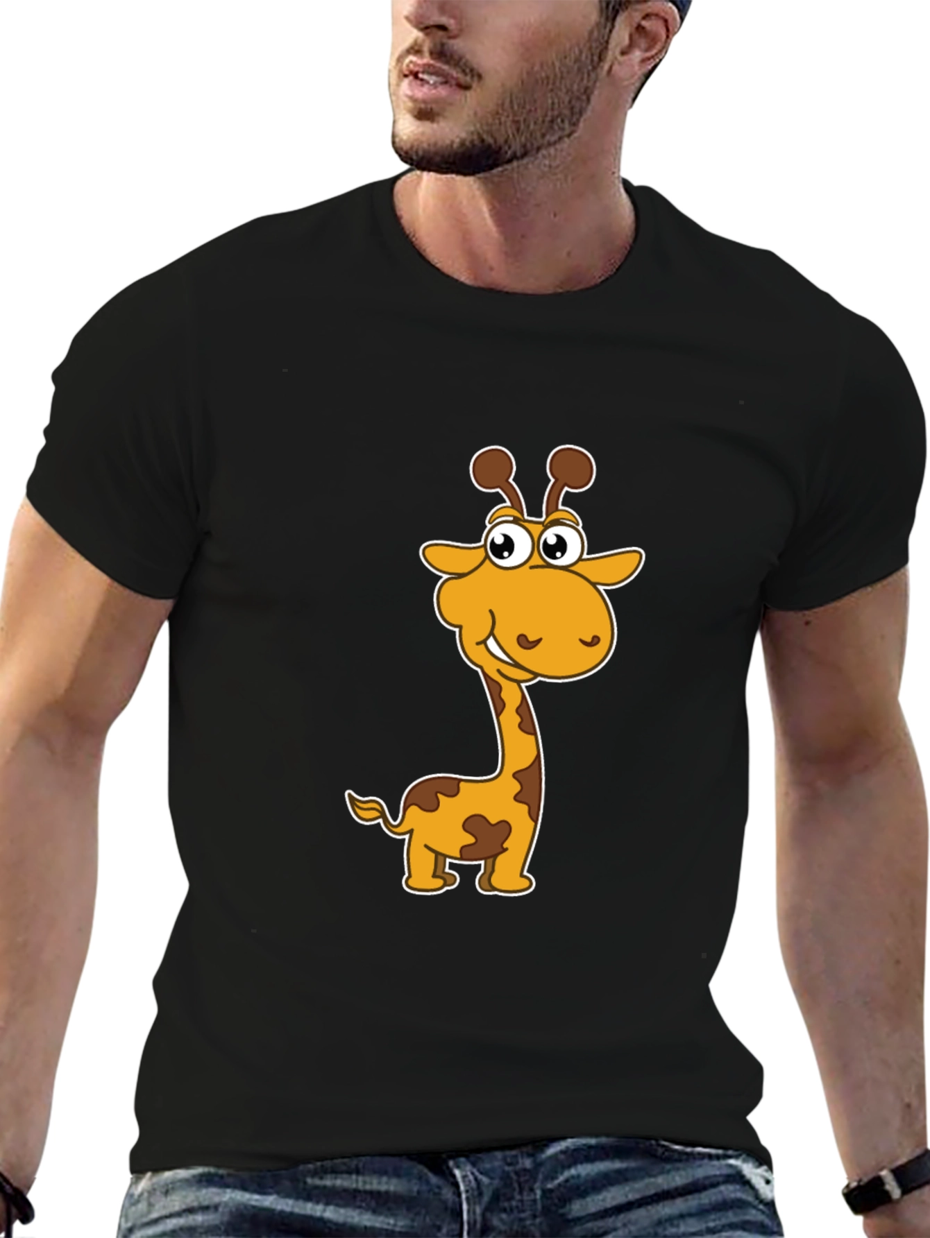 Cartoon Giraffe Graphic Black T-Shirt