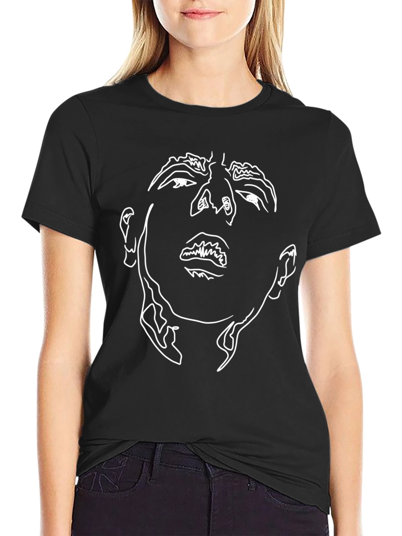 Minimalist Line Art Face Black T-Shirt