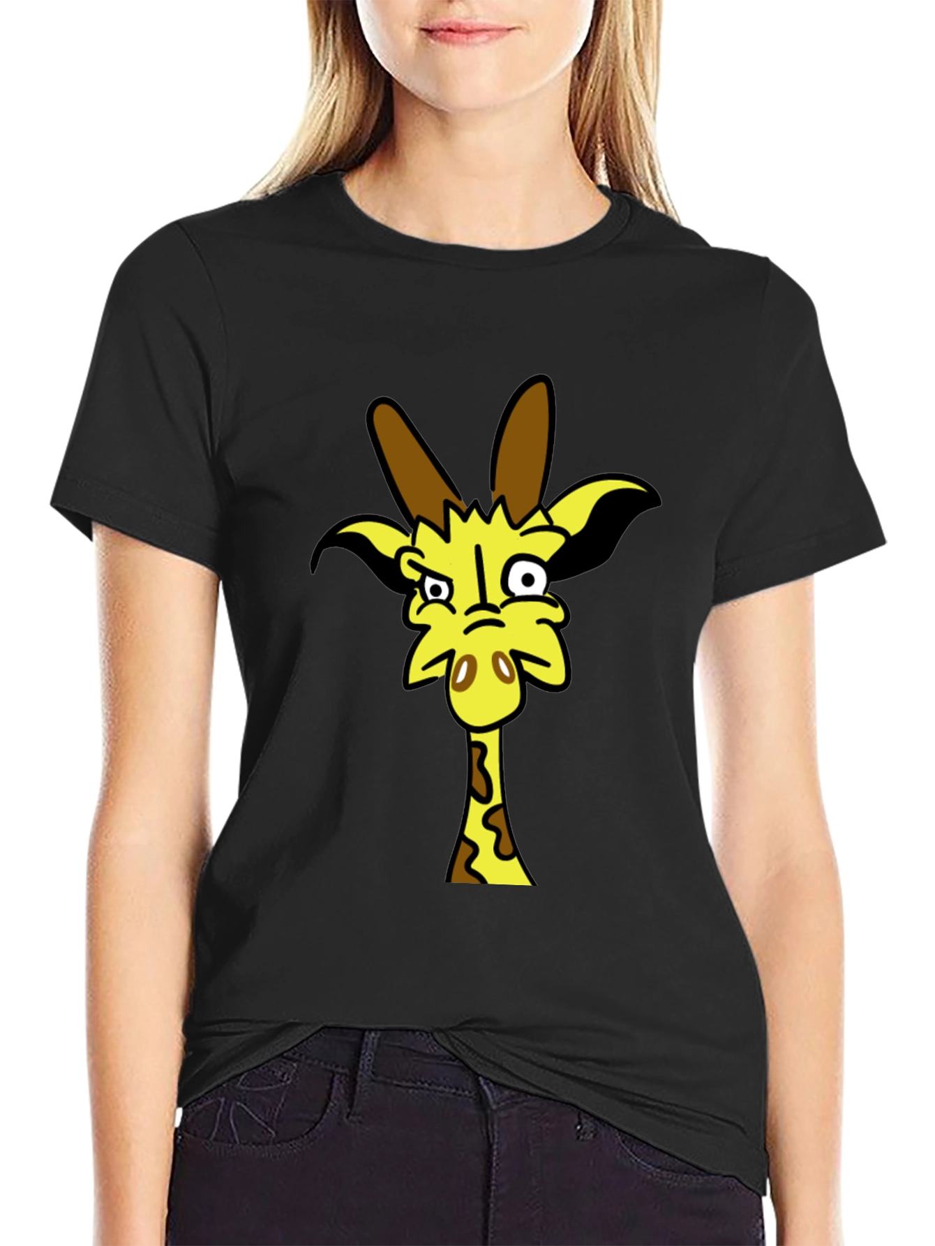 Funny Cartoon Giraffe Black T-Shirt