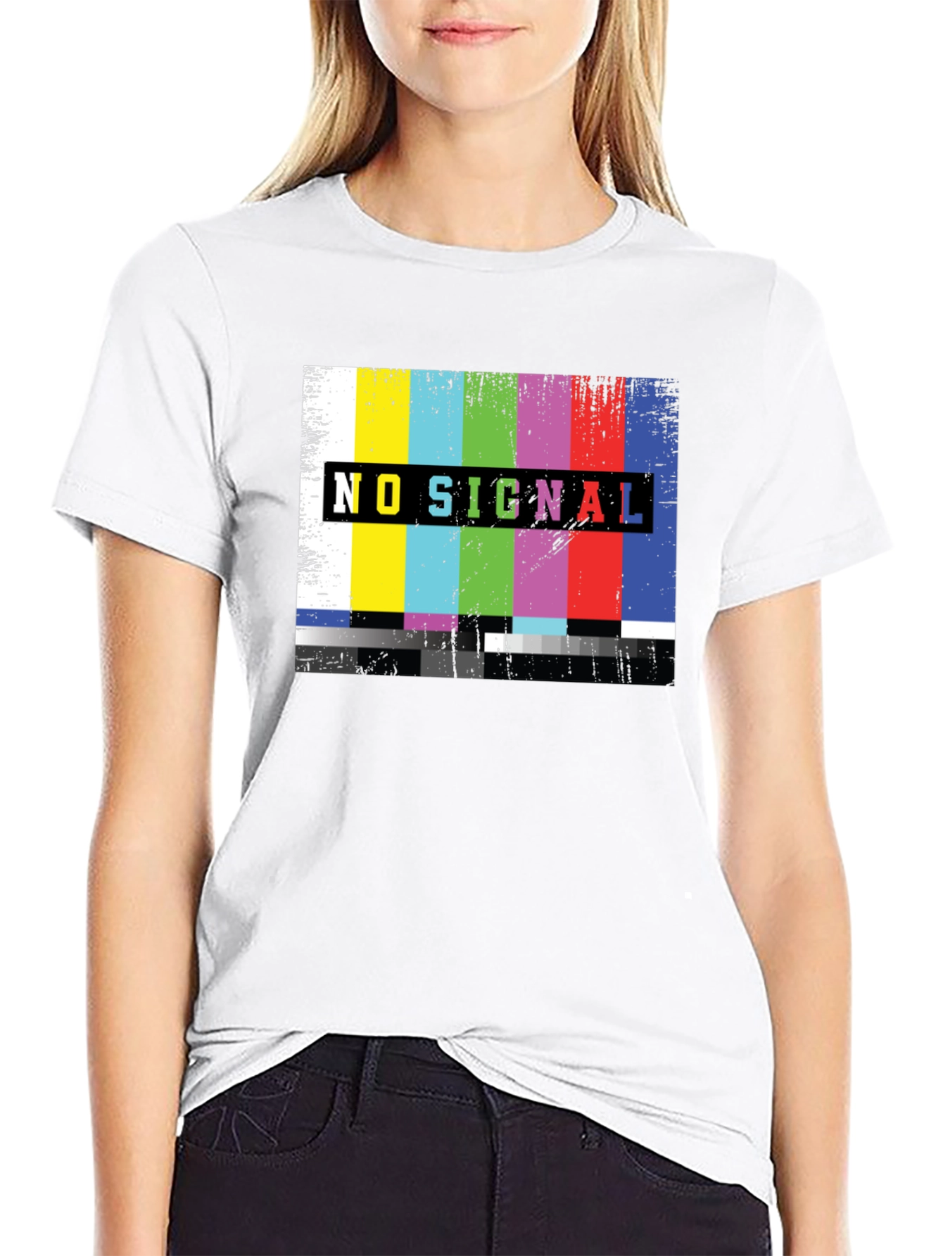 No Signal TV Glitch Black T-Shirt - Retro Style