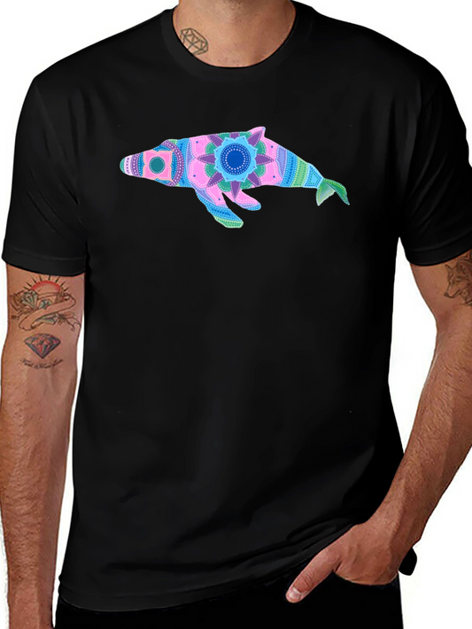 Black T-Shirt with Colorful Dolphin Print