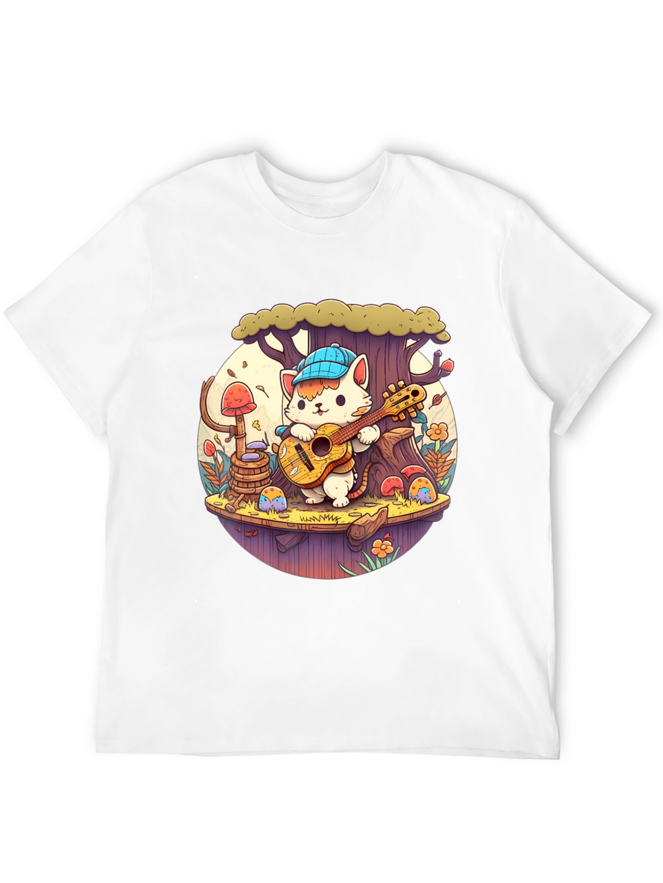 Cute Cartoon Cat Playing Guitar Black T-Shirt