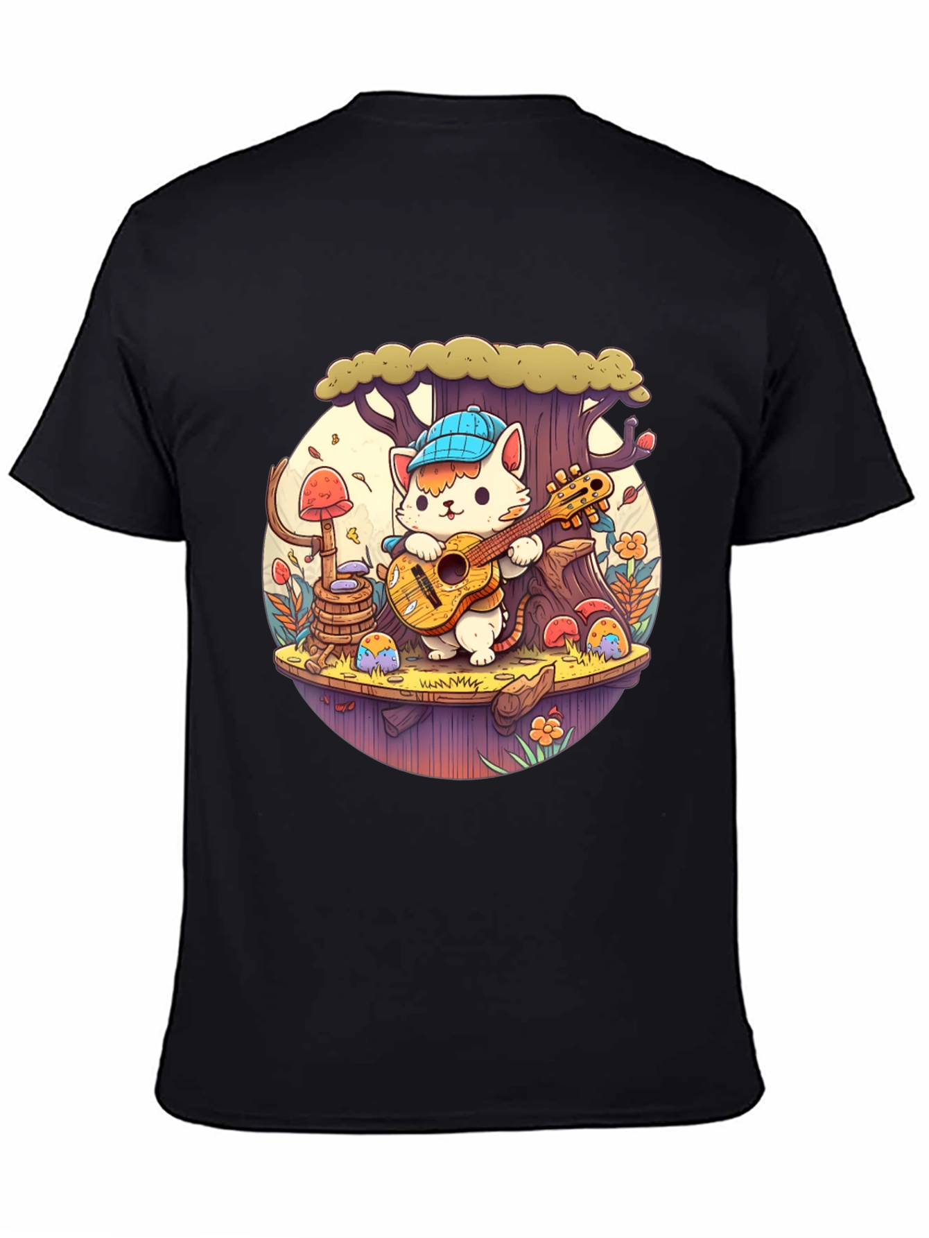 Cute Cartoon Cat Playing Guitar Black T-Shirt
