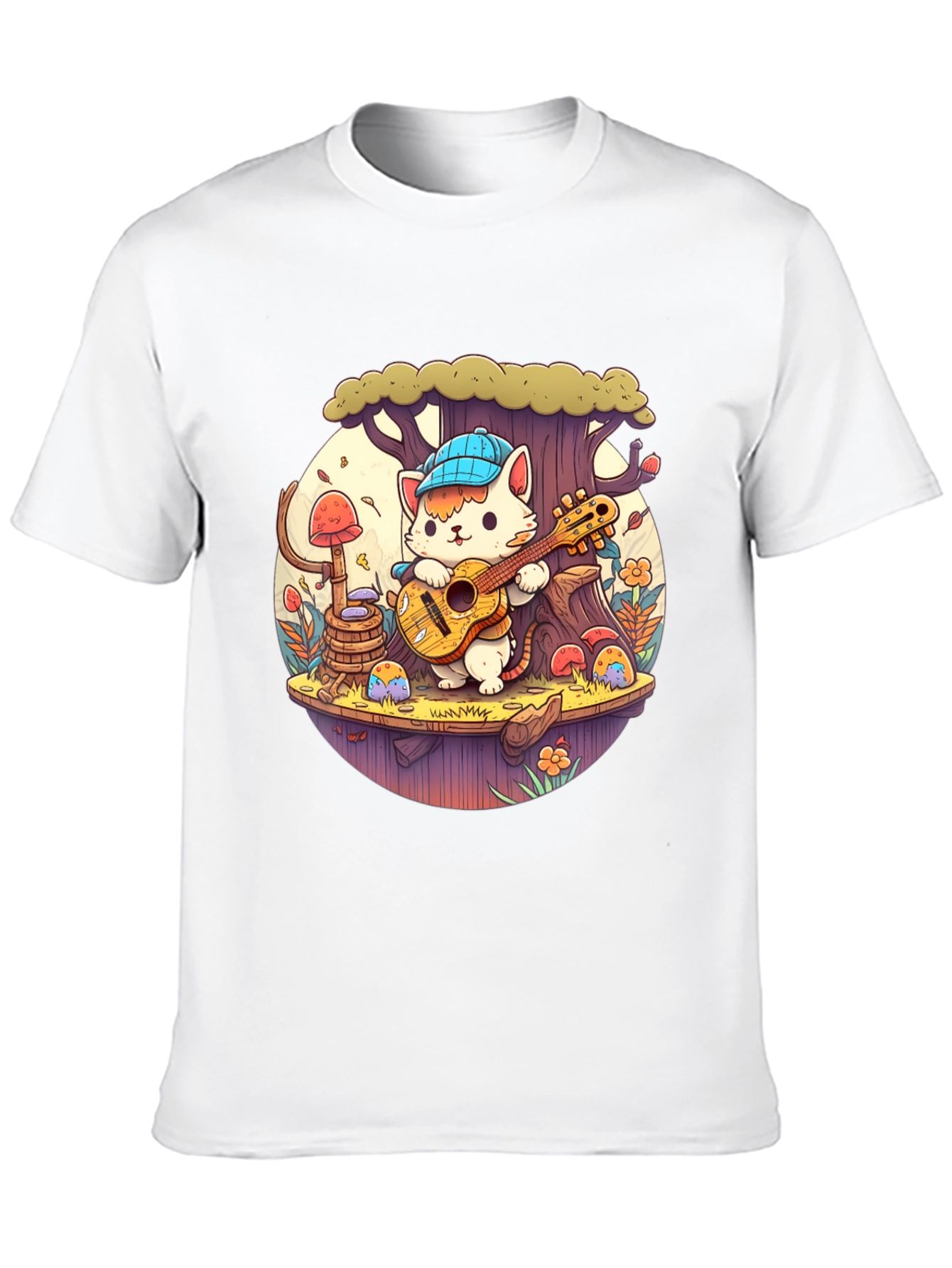 Cute Cartoon Cat Playing Guitar Black T-Shirt