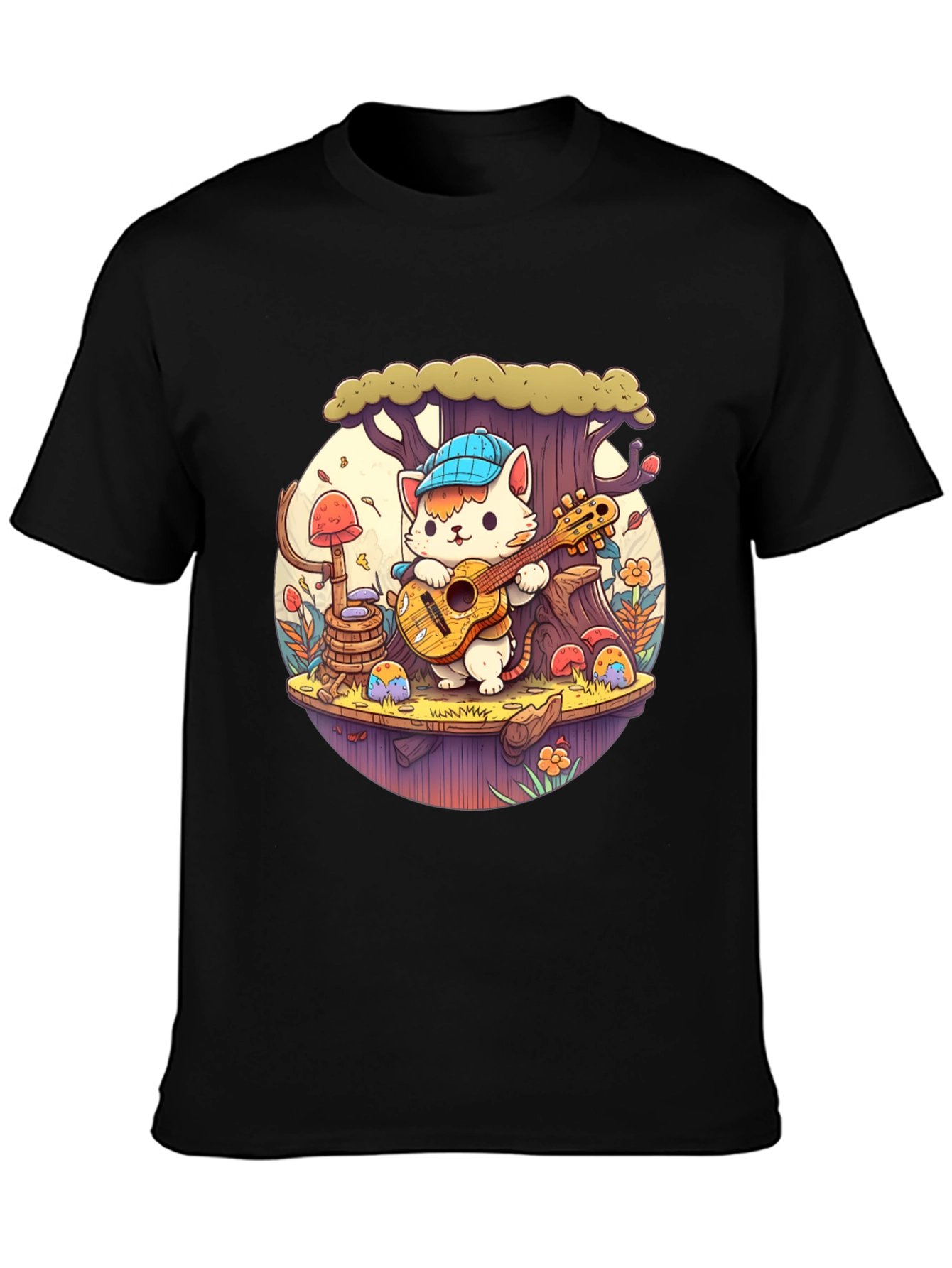 Cute Cartoon Cat Playing Guitar Black T-Shirt