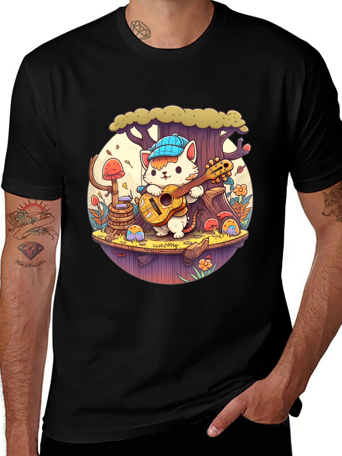 Cute Cartoon Cat Playing Guitar Black T-Shirt