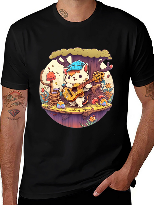Cute Cartoon Cat Playing Guitar Black T-Shirt