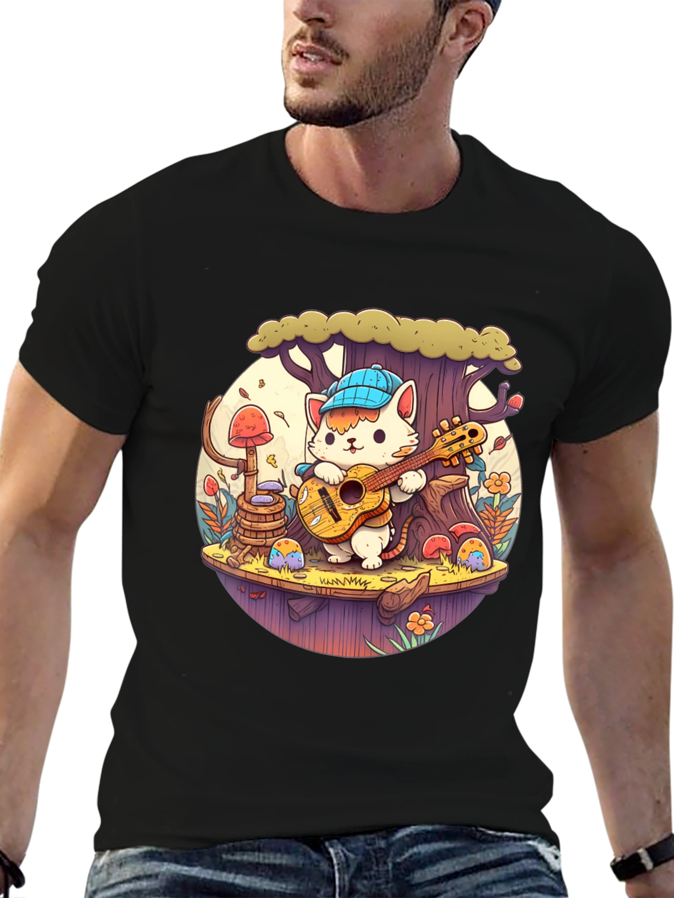 Cute Cartoon Cat Playing Guitar Black T-Shirt