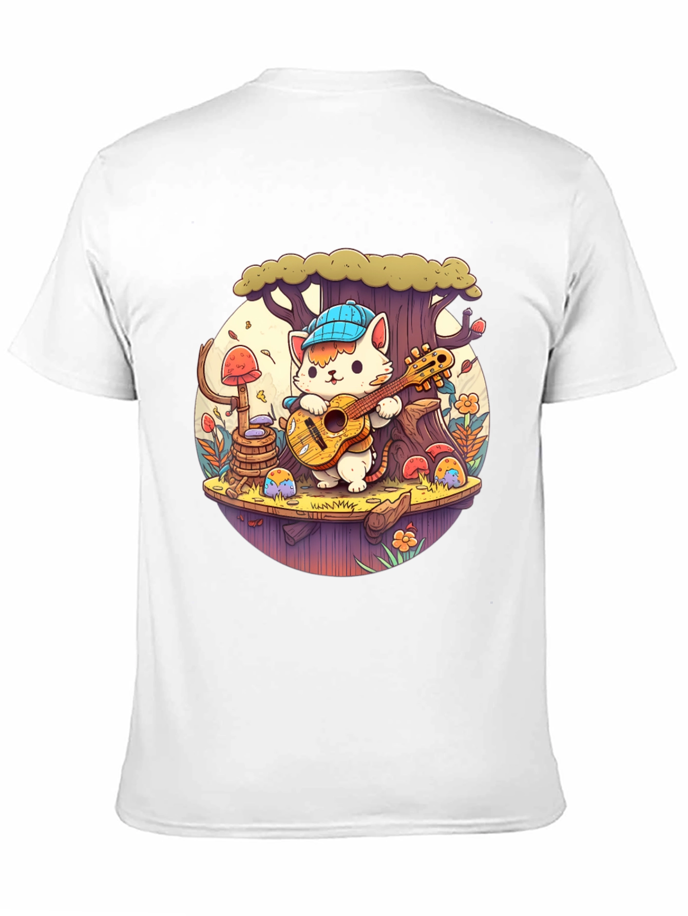 Cute Cartoon Cat Playing Guitar Black T-Shirt
