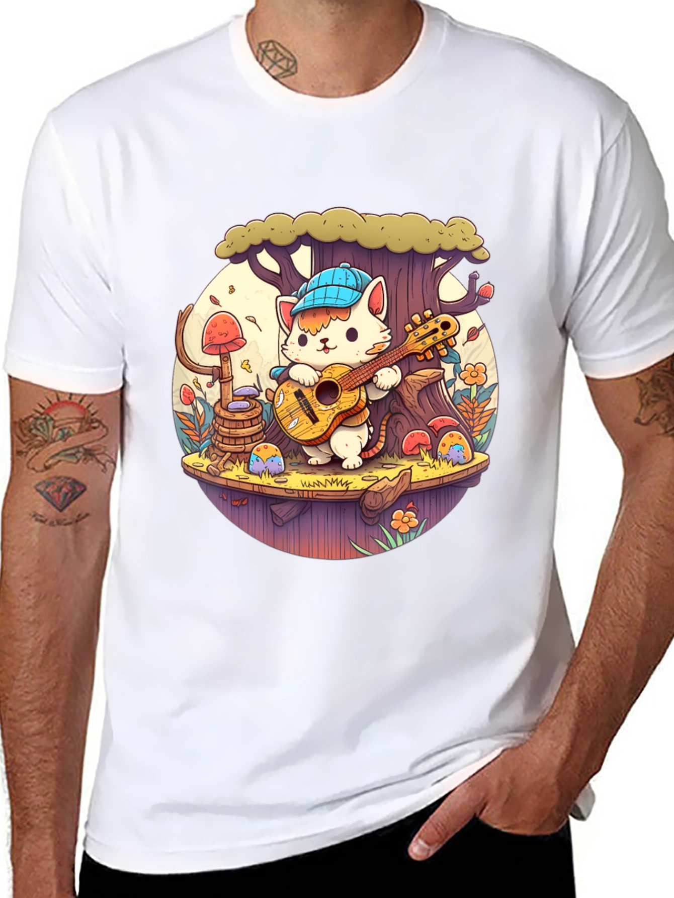 Cute Cartoon Cat Playing Guitar Black T-Shirt