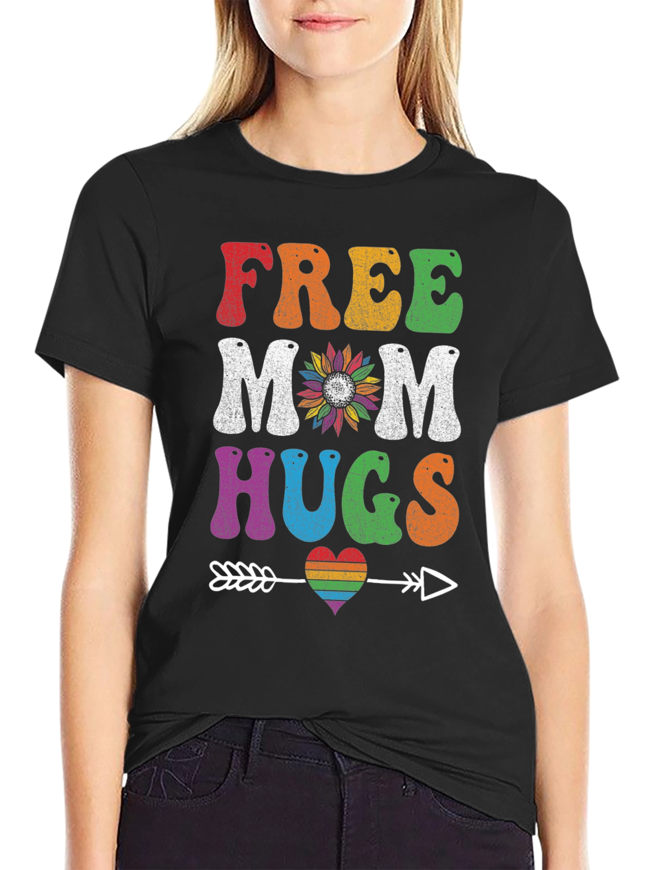 Free Mom Hugs T-Shirt - Rainbow Heart Design