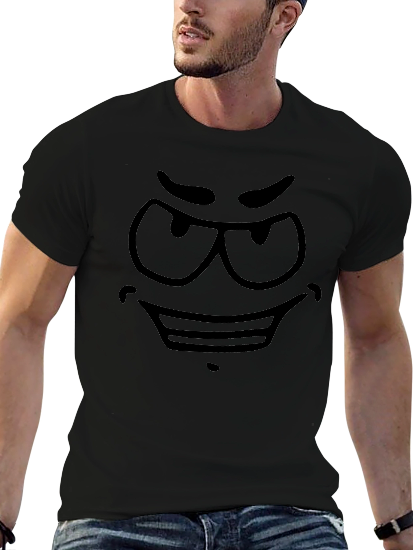 Mens Black Cartoon Face Graphic T-Shirt
