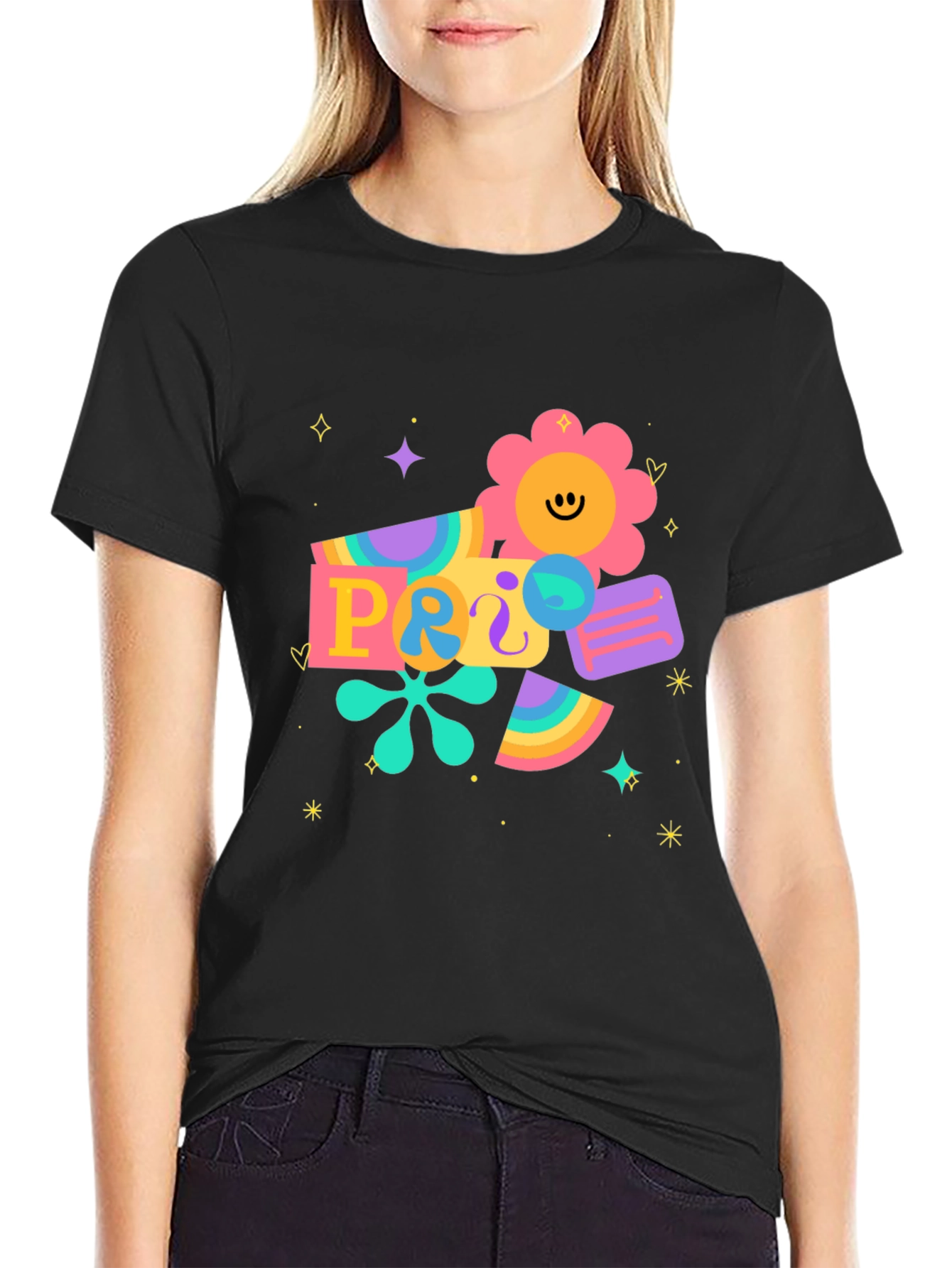 Retro Pride Graphic Tee - Black Cotton Blend T-Shirt
