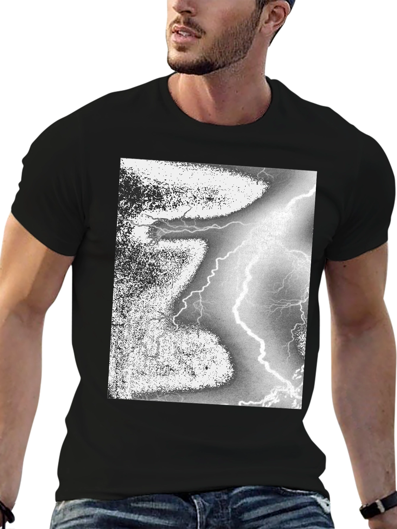 Black T-Shirt with Lightning Strike Graphic