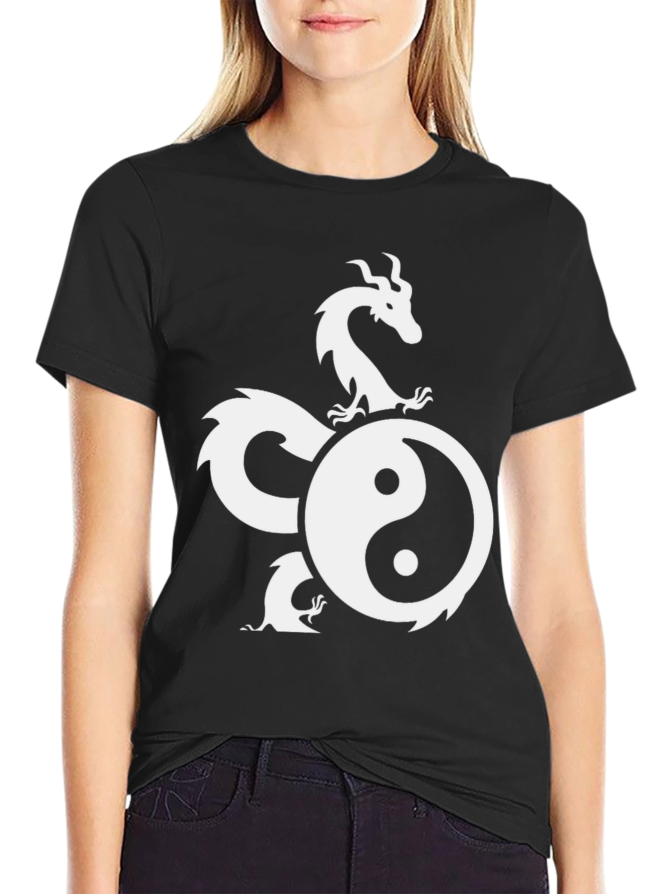 Yin Yang Dragon Graphic Black T-Shirt