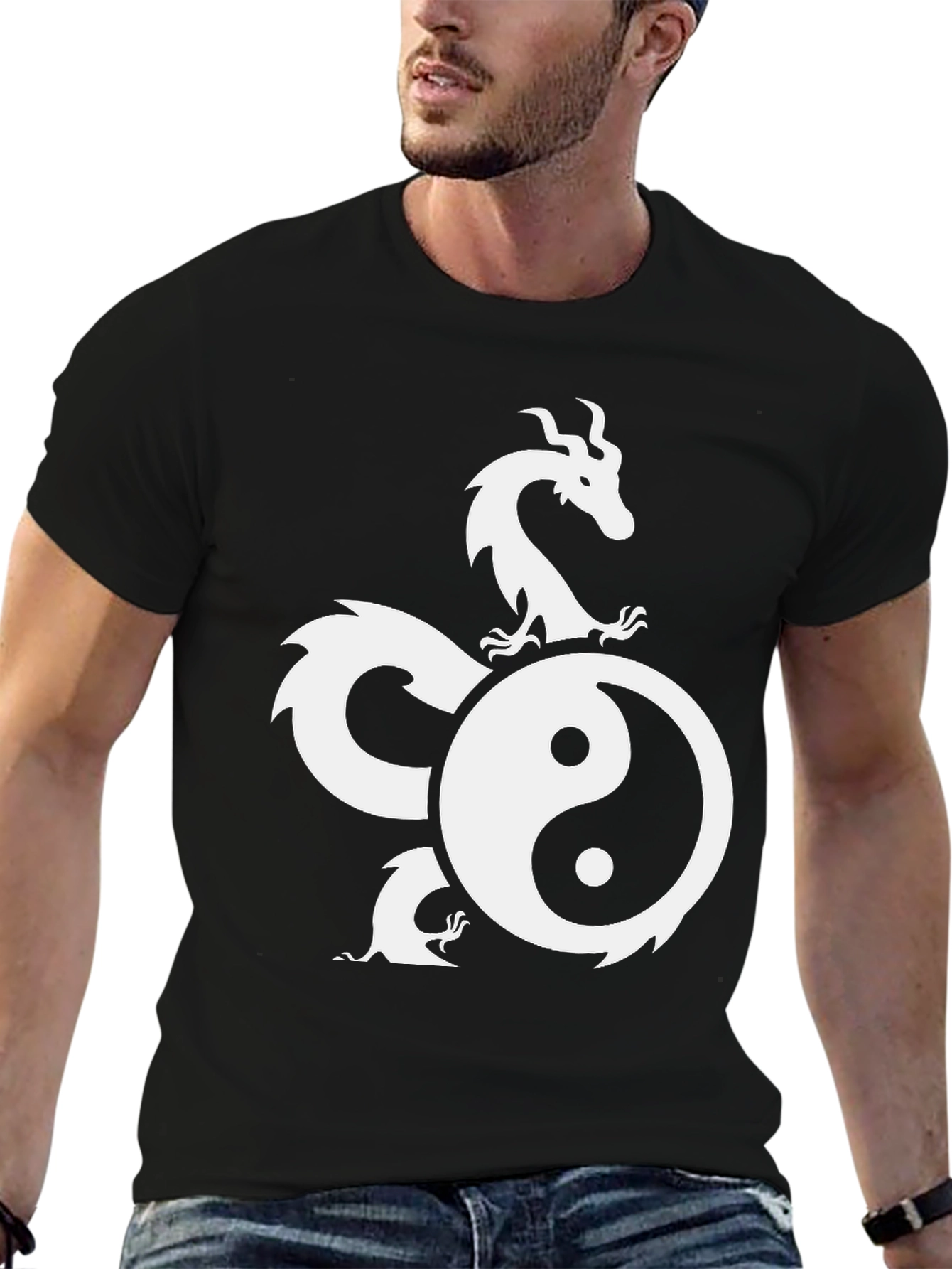 Yin Yang Dragon Graphic Black T-Shirt