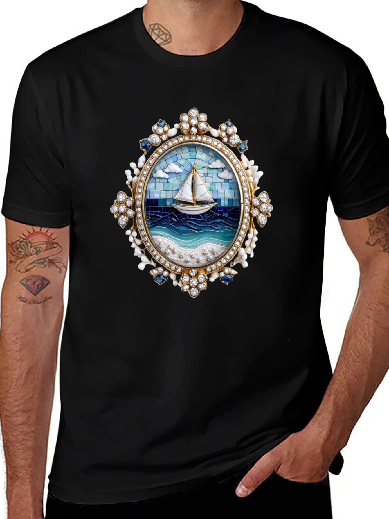 Sailboat Mosaic Graphic Tee - Nautical Art Shirt