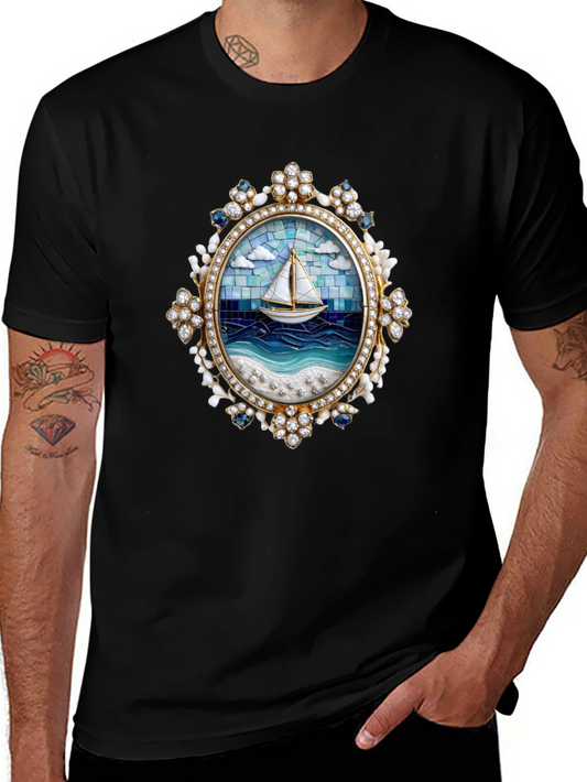 Sailboat Mosaic Graphic Tee - Nautical Art Shirt