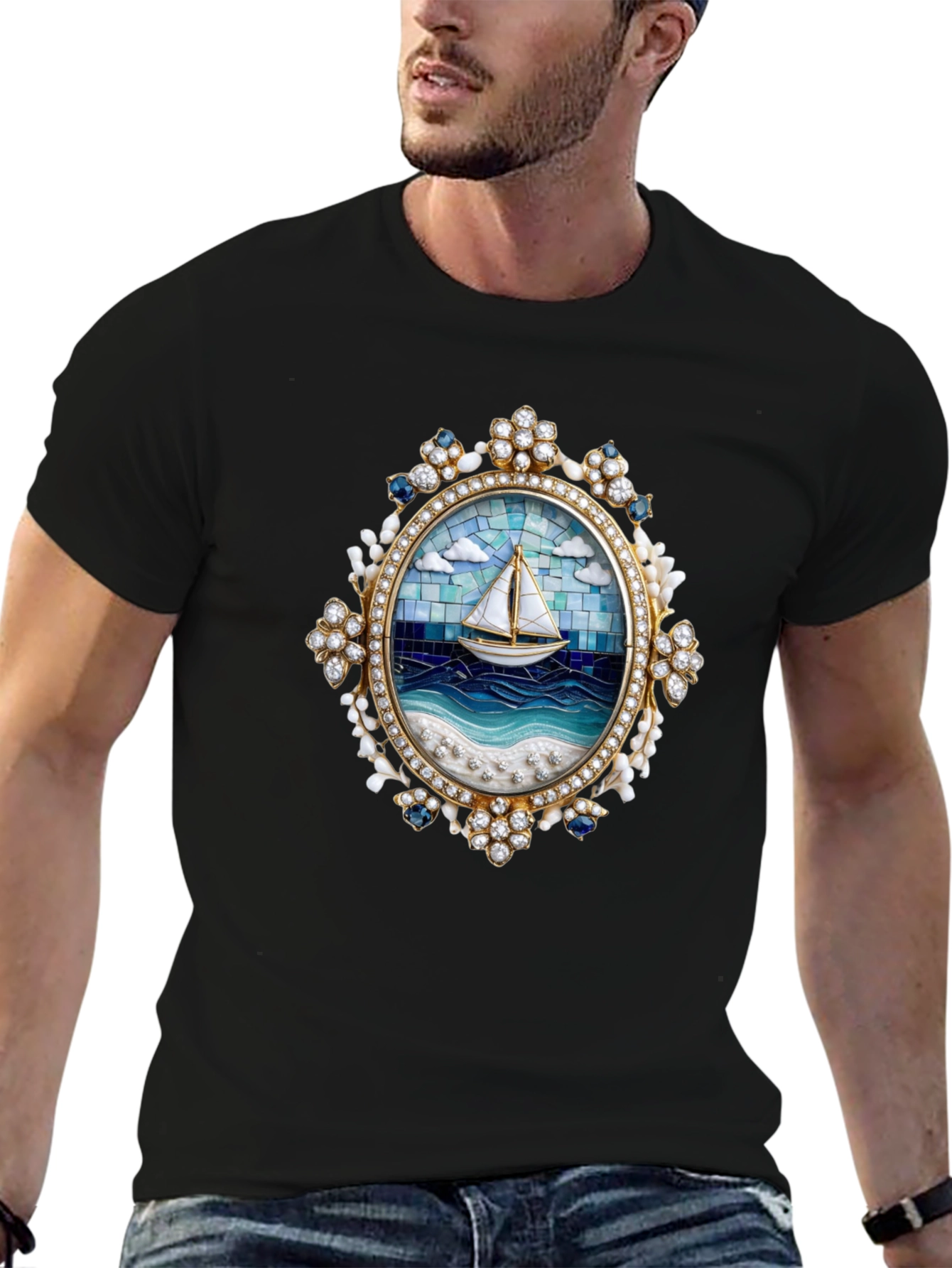 Sailboat Mosaic Graphic Tee - Nautical Art Shirt