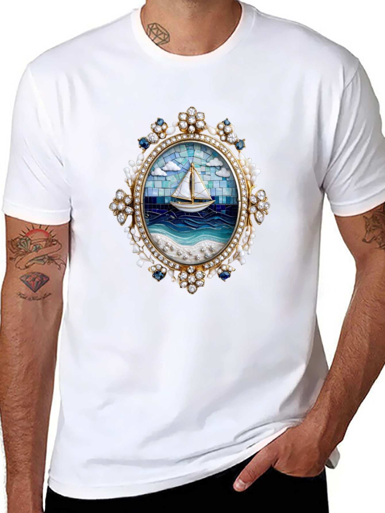 Sailboat Mosaic Graphic Tee - Nautical Art Shirt
