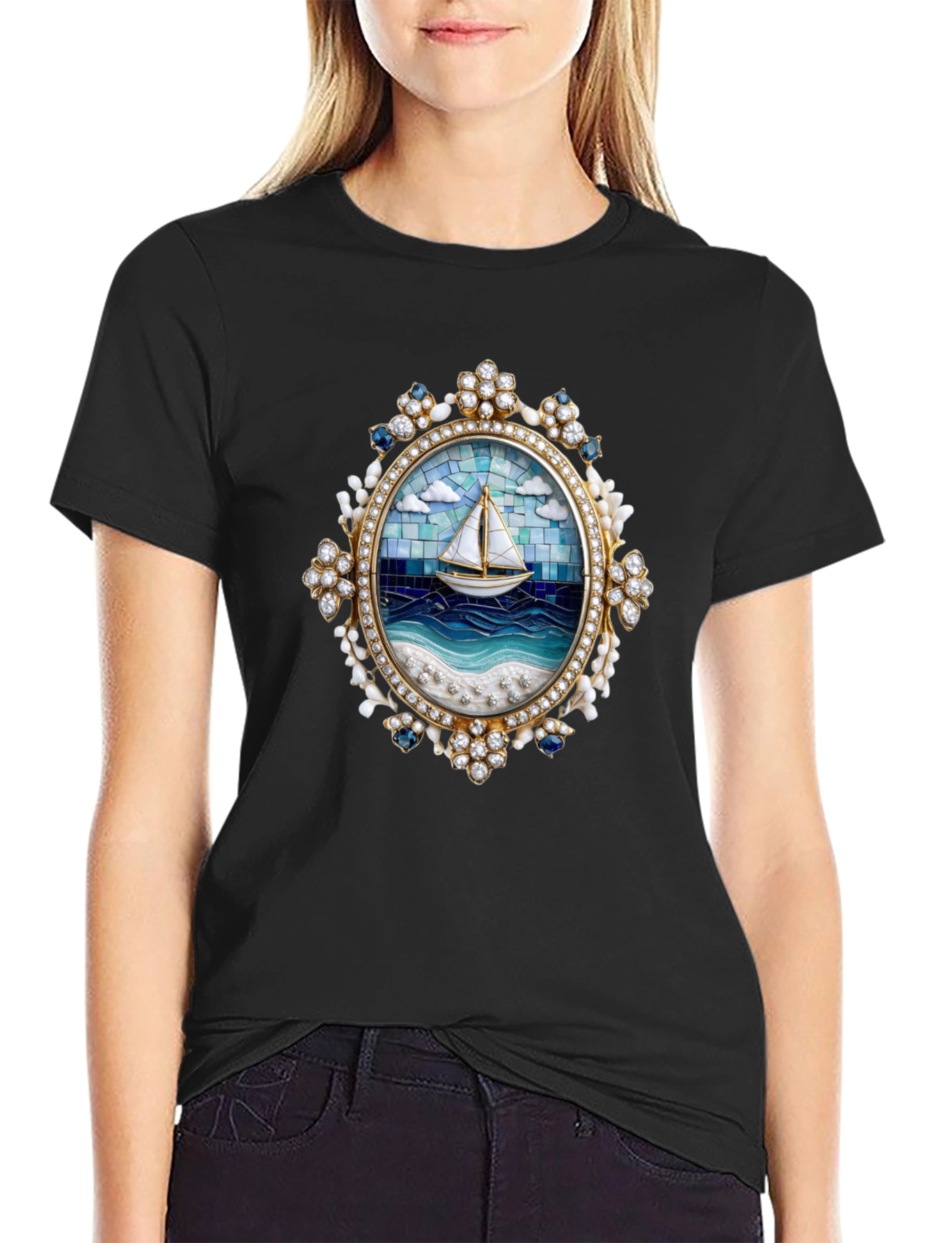 Sailboat Mosaic Graphic Tee - Nautical Art Shirt